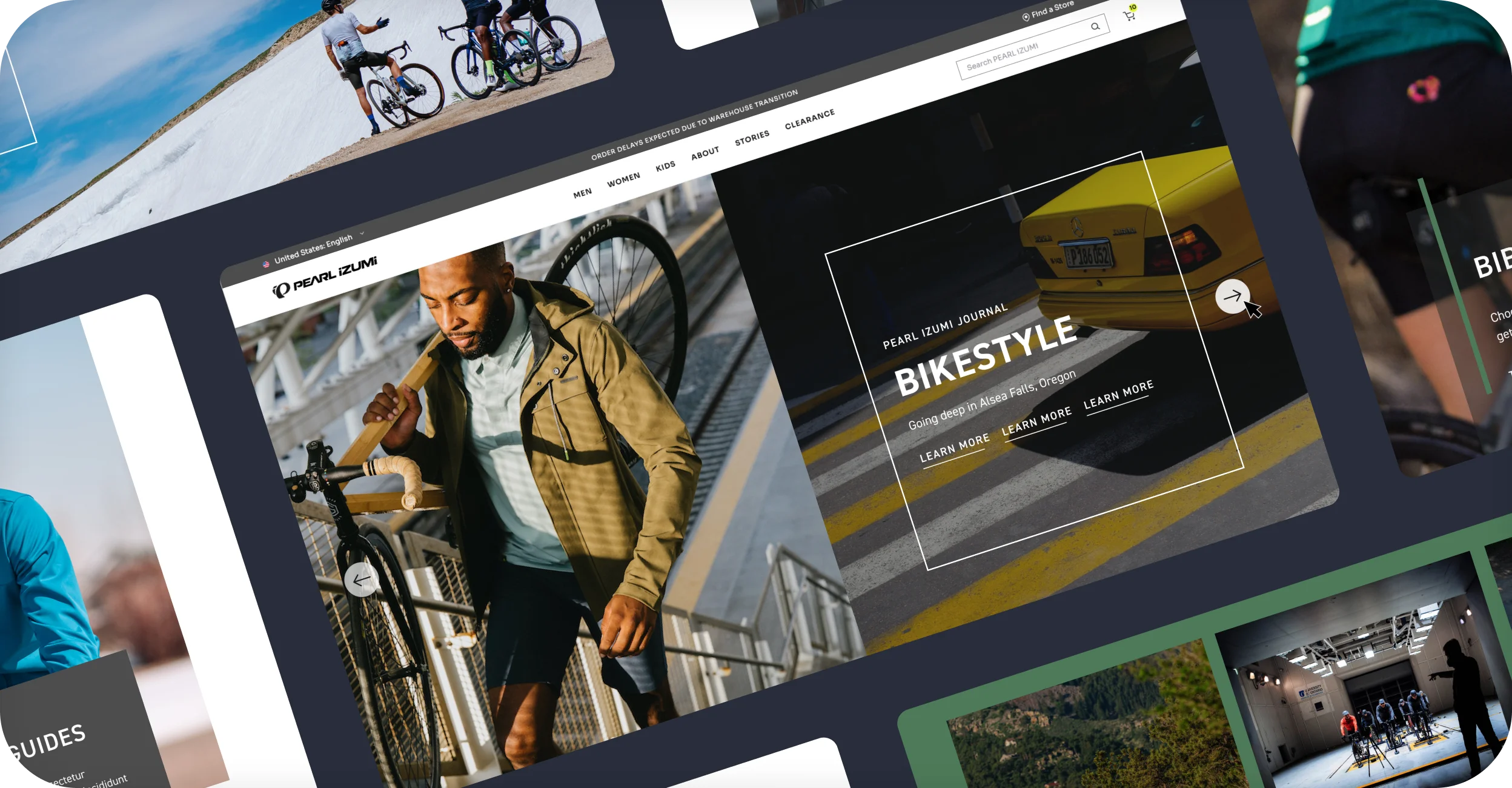PEARL iZUMi website collage on desktop with homepage, journal, and cycling apparel imagery.