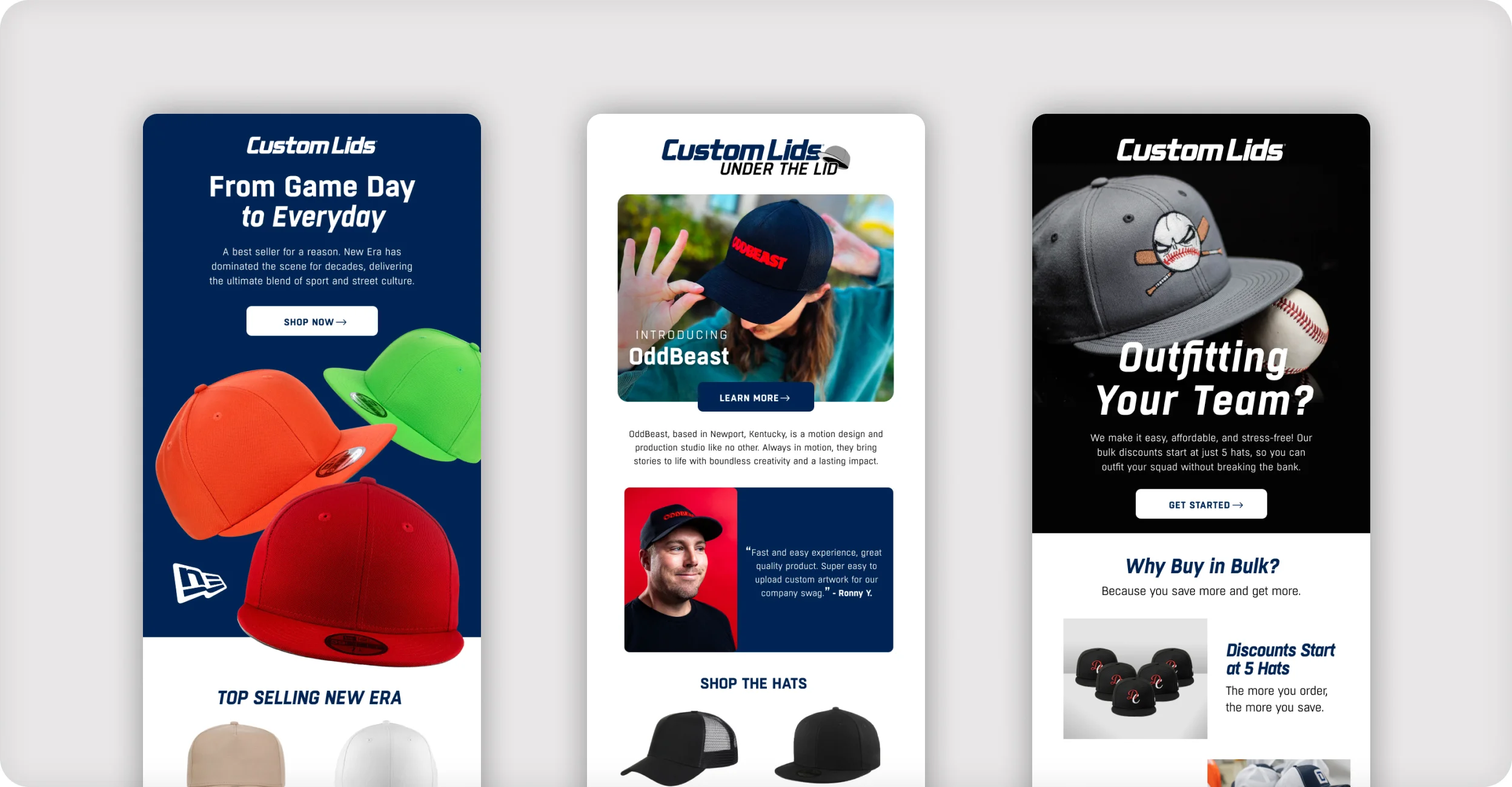 Three Custom Lids email designs featuring New Era hats, the OddBeast spotlight, and team bulk-order offers.