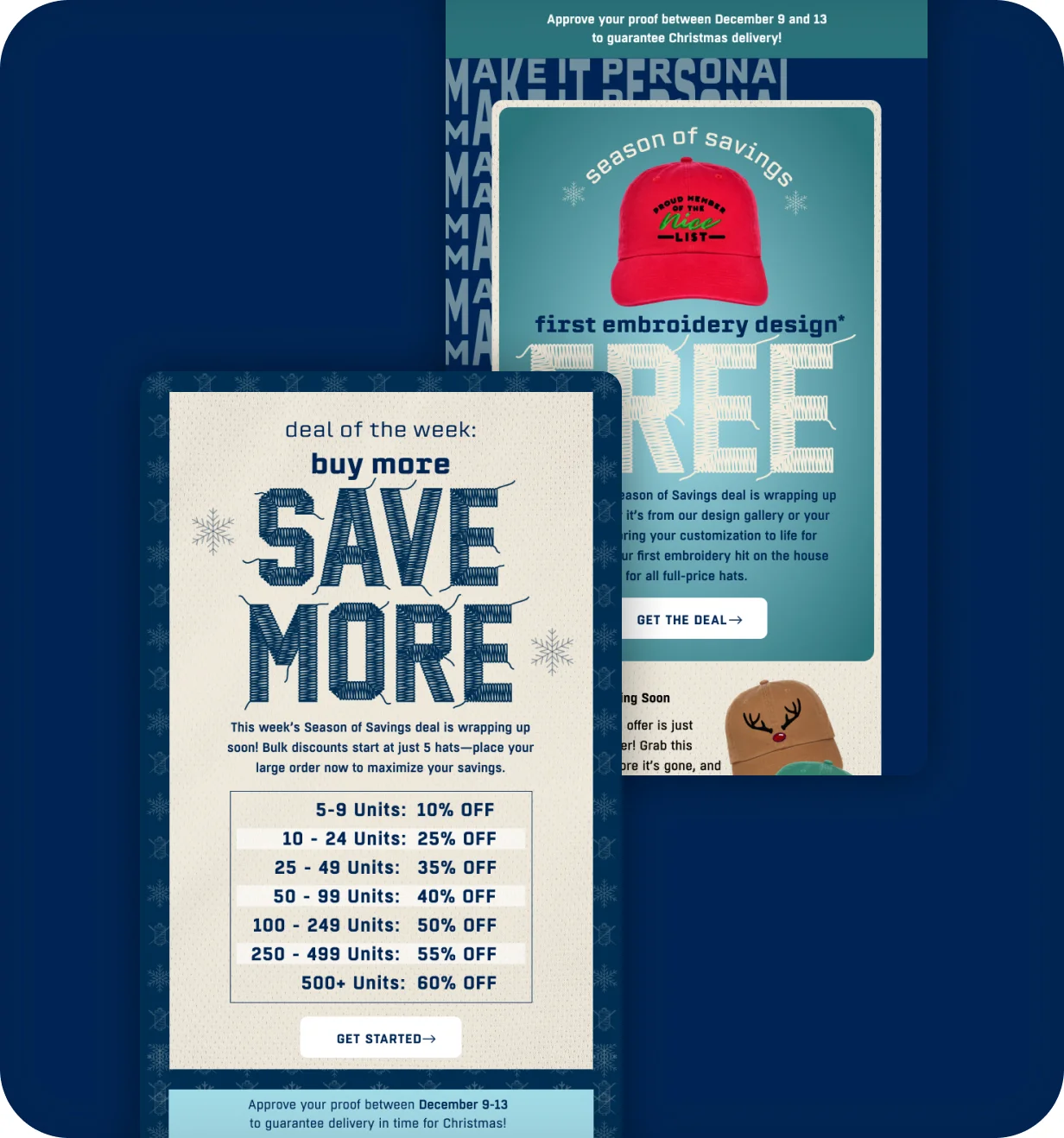 Two Custom Lids holiday emails promoting buy-more-save-more bulk discounts and a free first embroidery design.