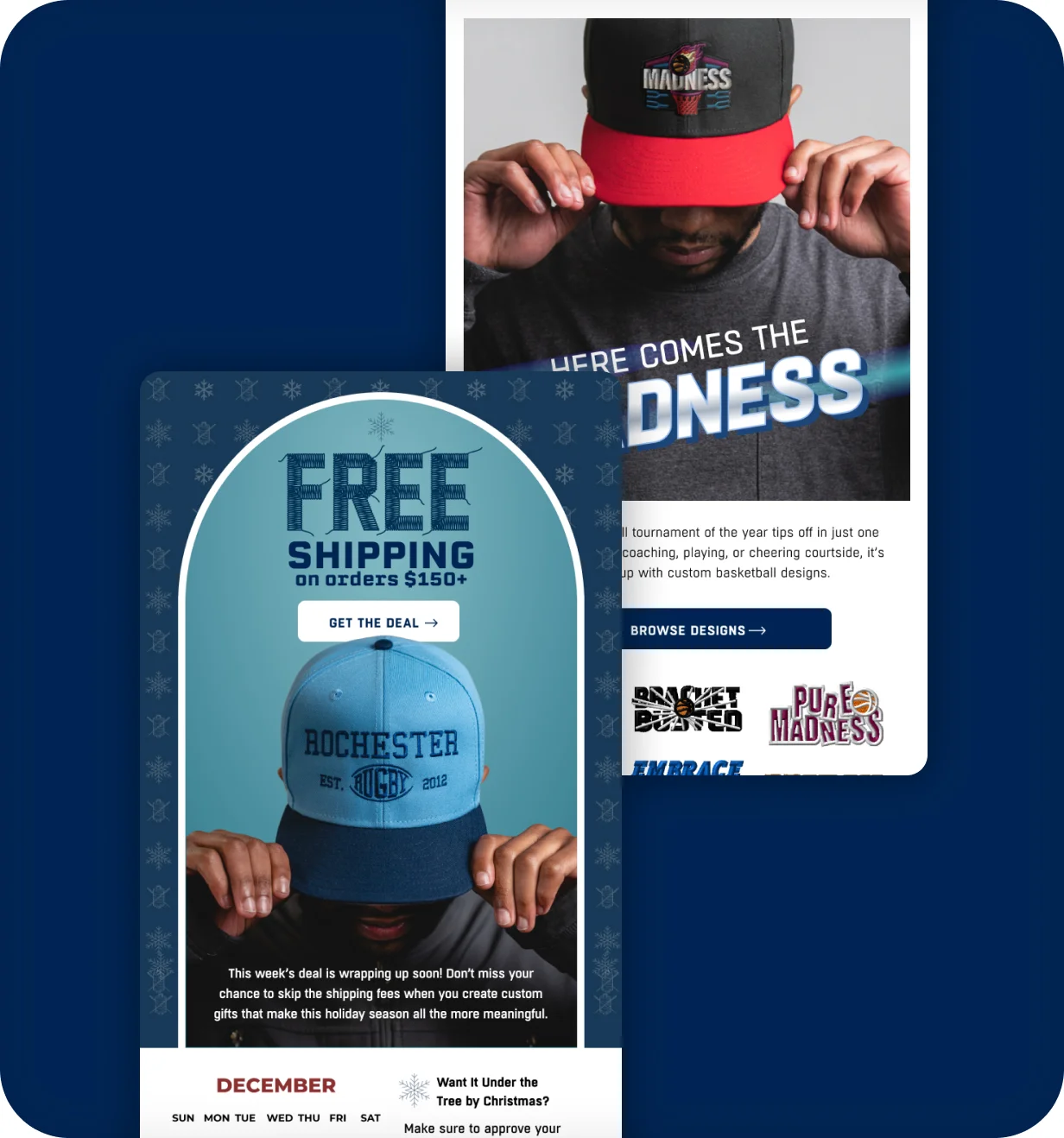 Custom Lids emails promoting free shipping over $150 and custom basketball tournament hat designs.