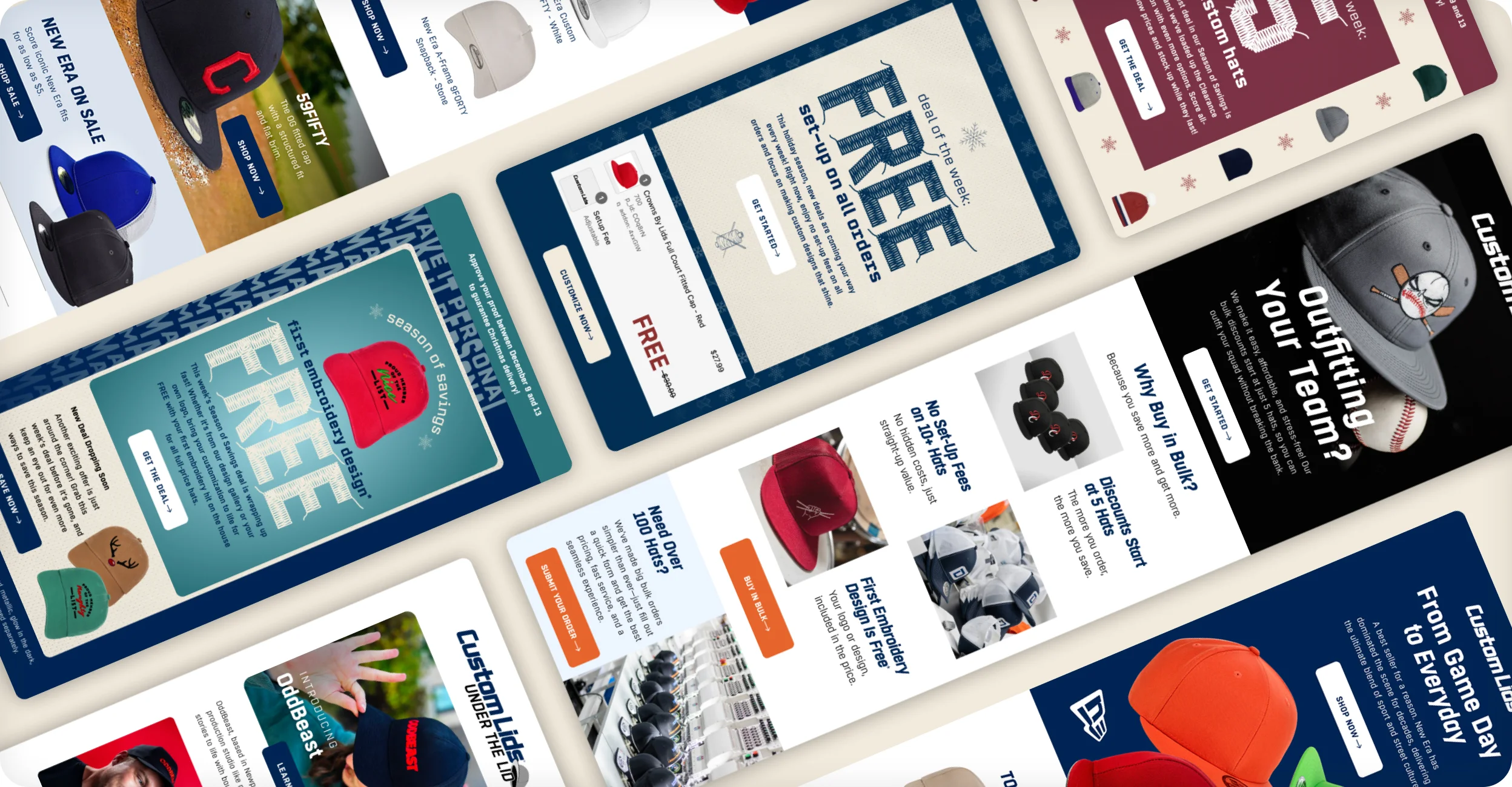 Angled collage of Custom Lids email campaigns showing holiday deals, bulk pricing, and custom hat designs.