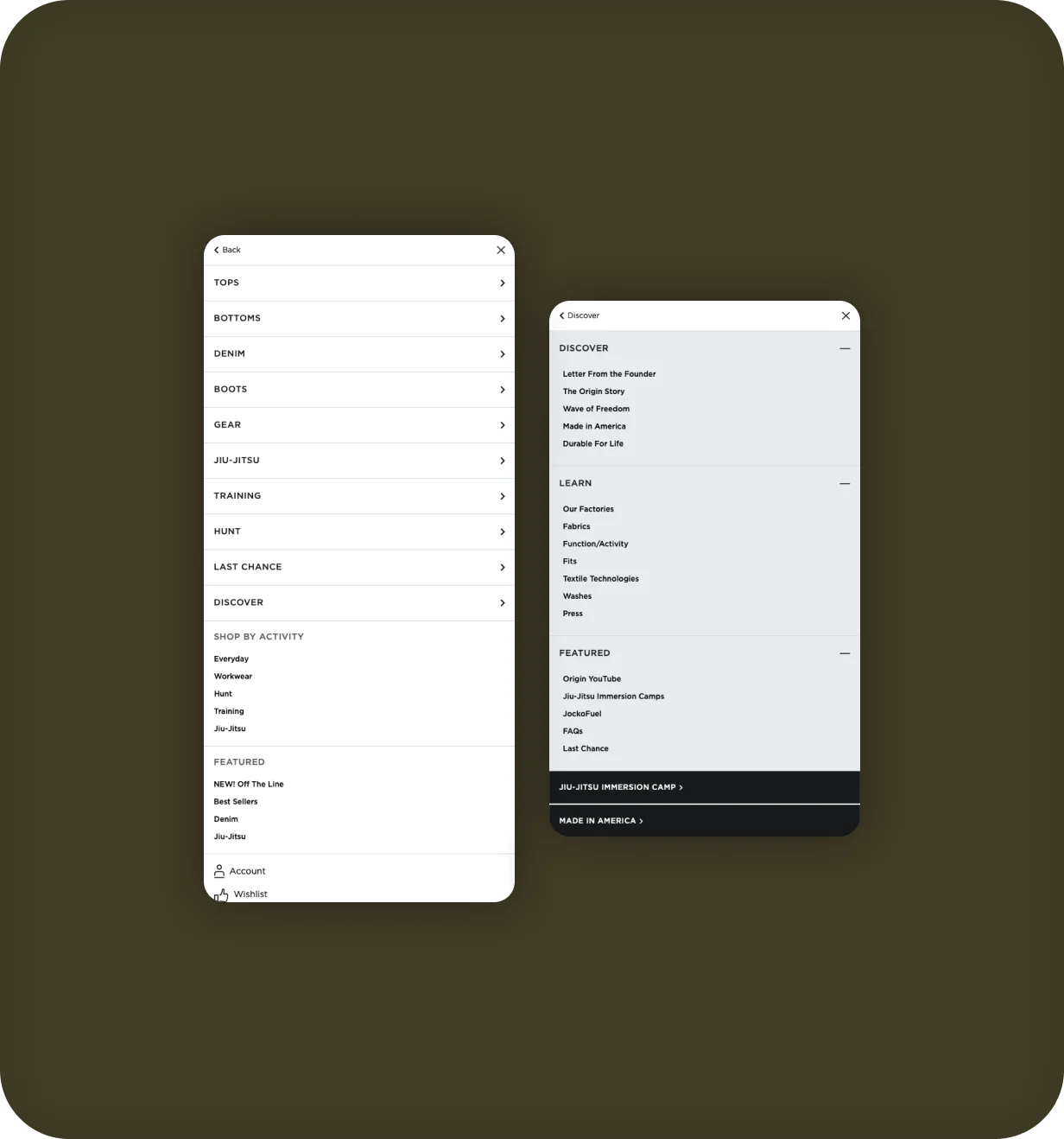ORIGIN USA mobile navigation menu screens showing product categories and Discover submenu.