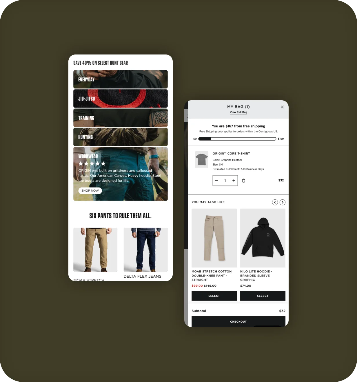 ORIGIN USA mobile category menu and cart drawer with free shipping progress bar.