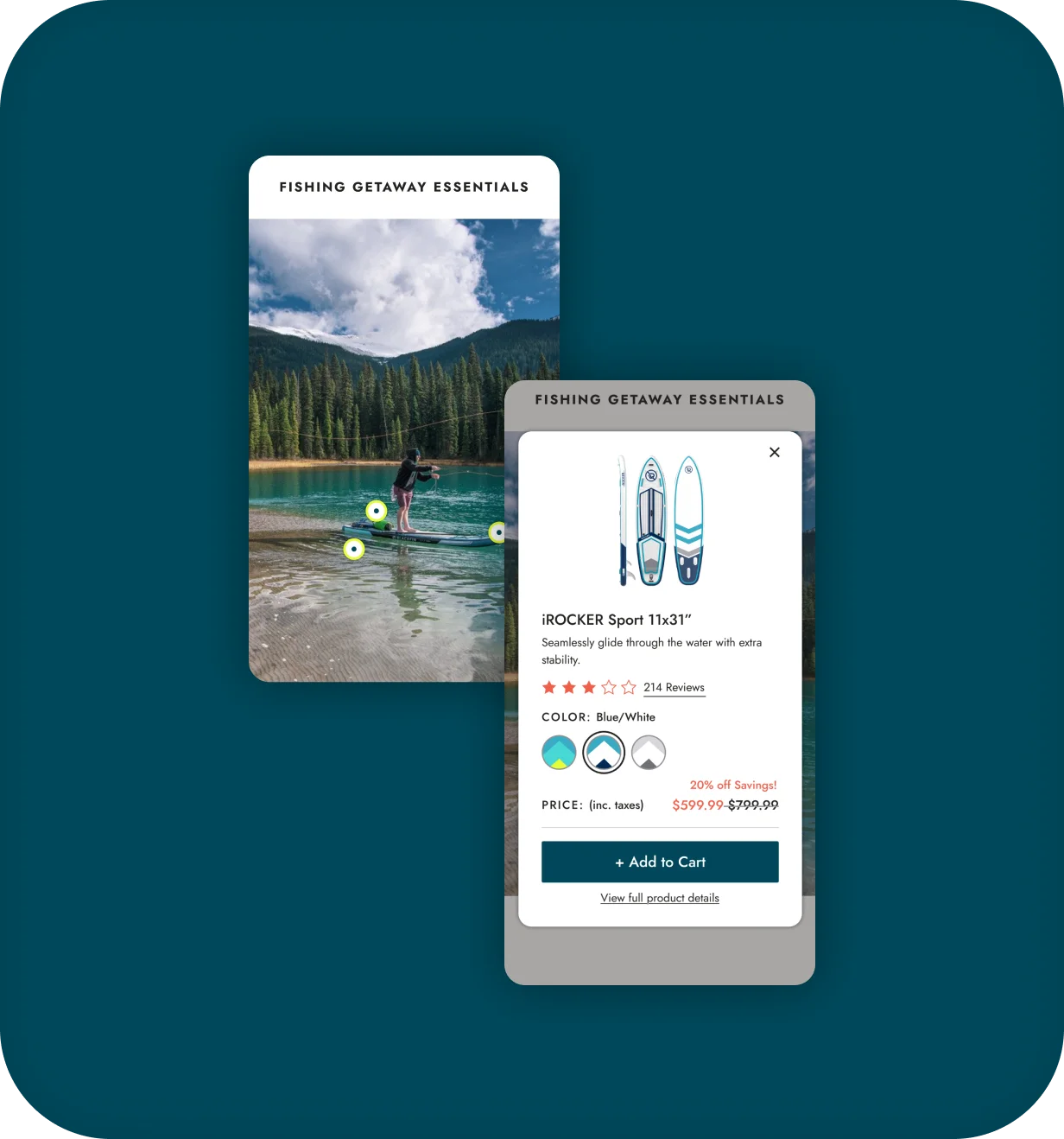 iROCKER mobile shoppable lifestyle image with quick-view product card for a paddle board.