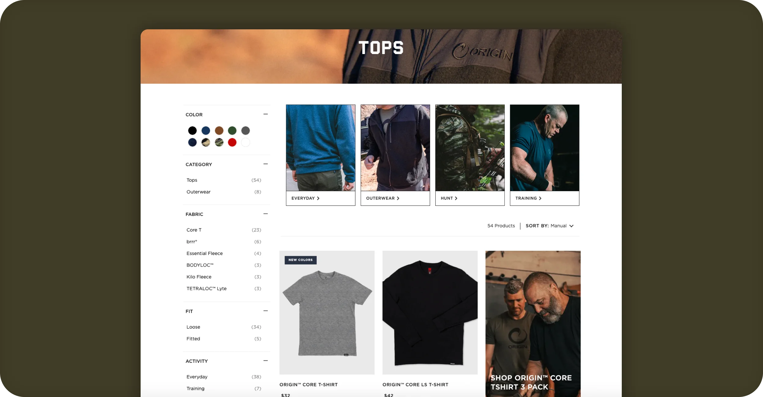 ORIGIN USA desktop Tops collection page with filters, category tiles, and t-shirt product grid.