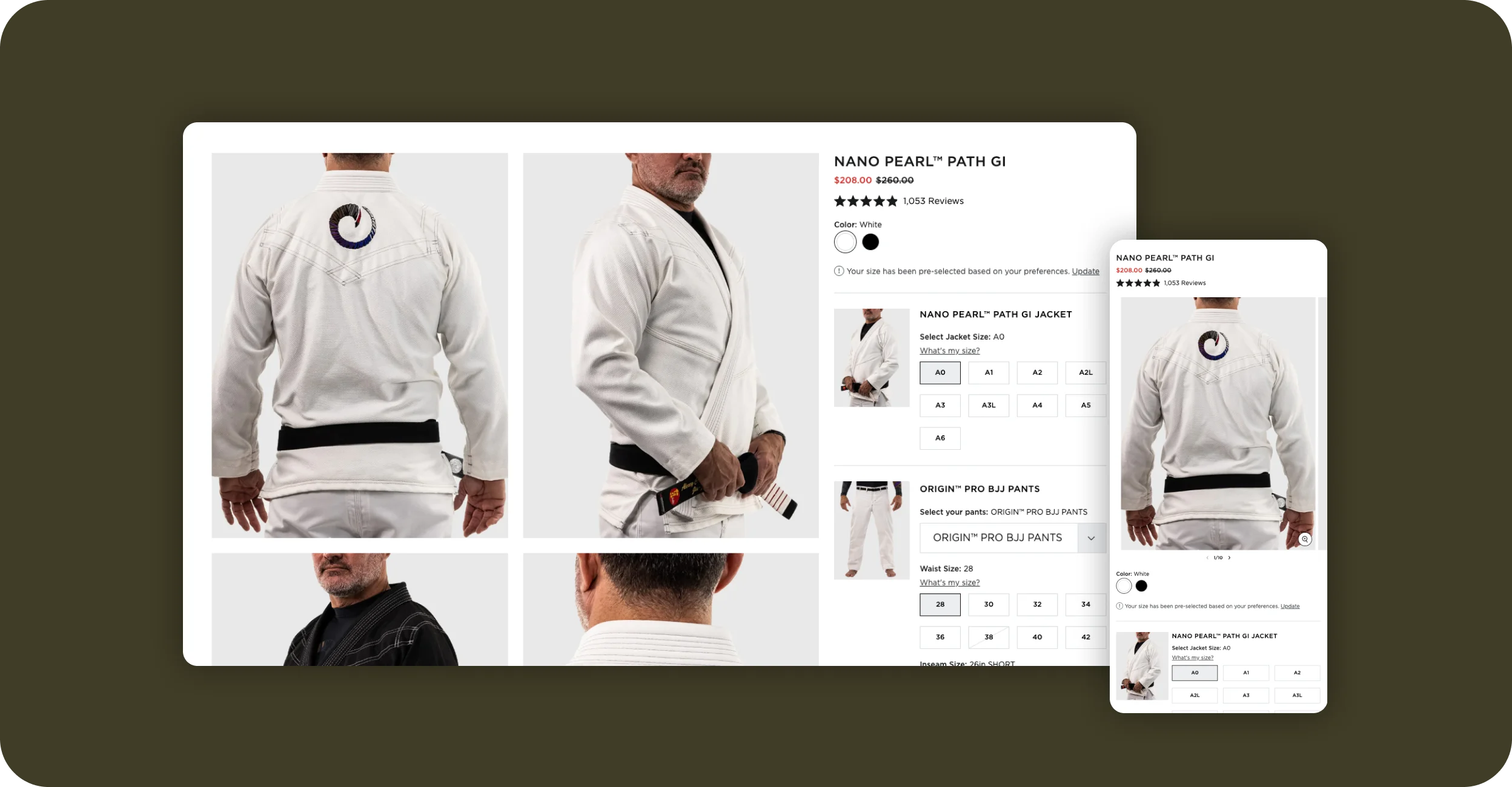 ORIGIN USA product page for the Nano Pearl Path Gi on desktop and mobile with size selectors.