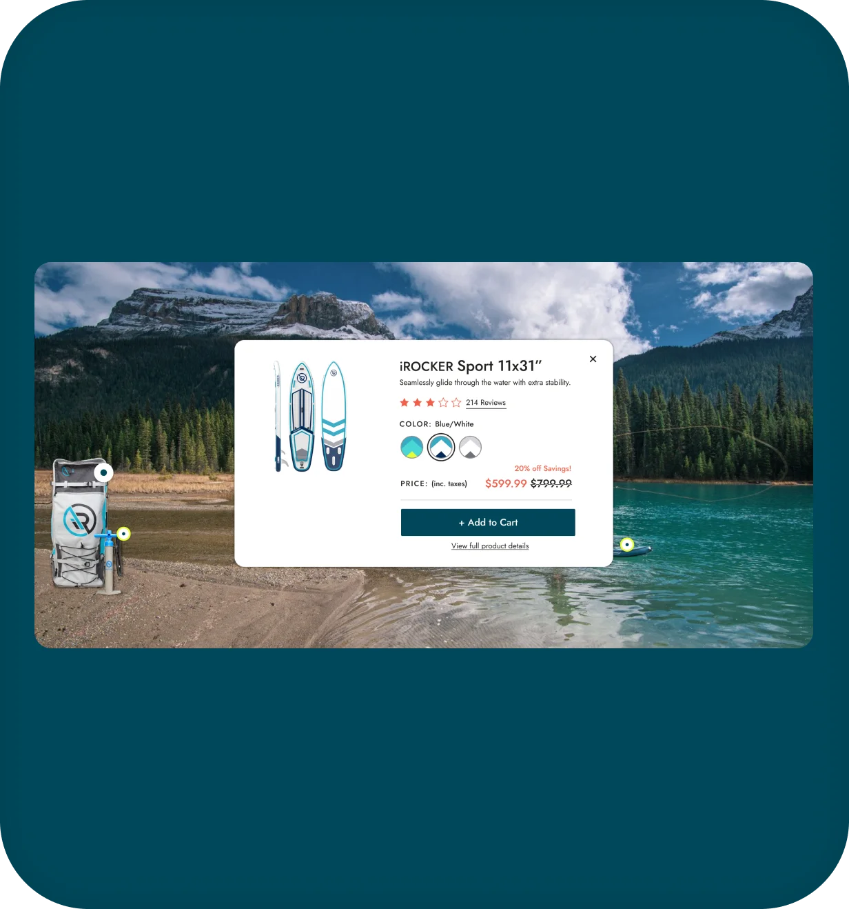 iROCKER quick-view modal for the Sport paddle board over a mountain lake lifestyle photo.