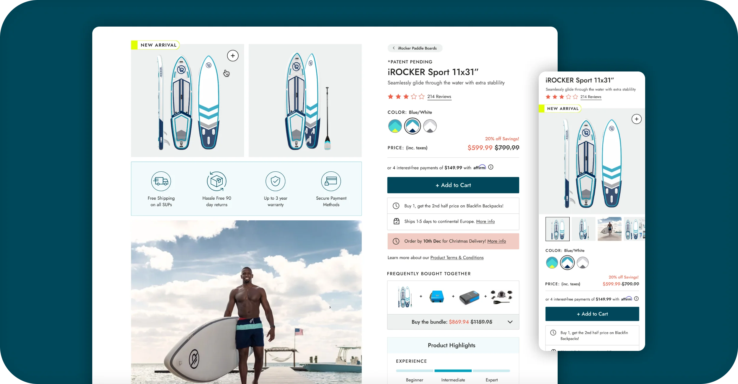 iROCKER product page for the Sport 11x31 paddle board on desktop and mobile.