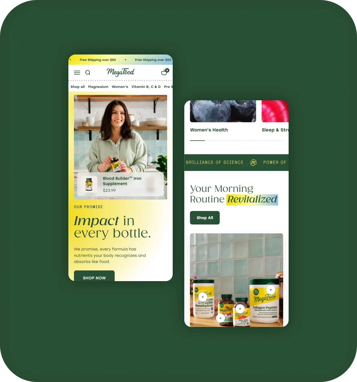 MegaFood mobile homepage screens featuring supplement products and shop-all promotions.