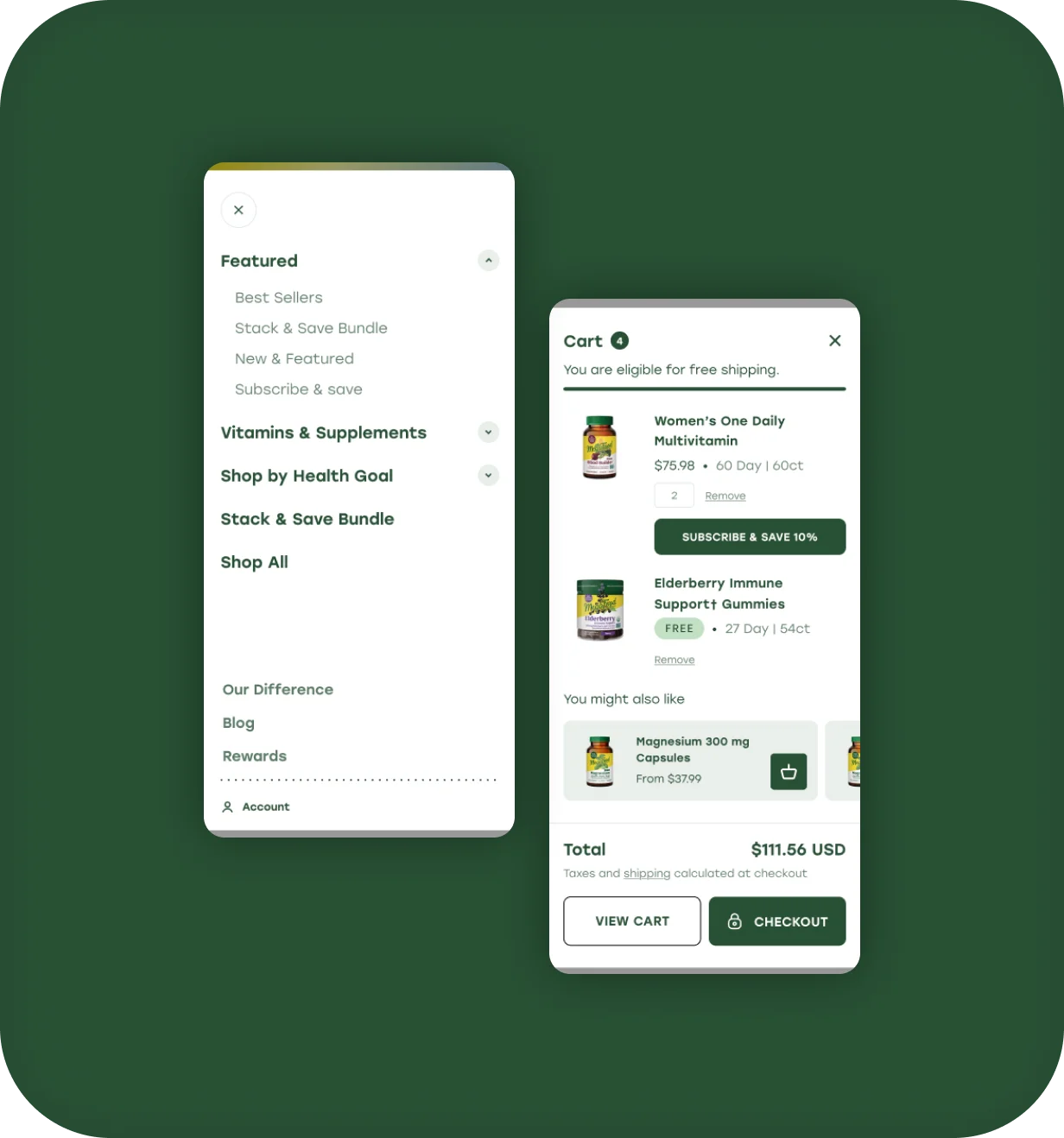 MegaFood mobile navigation menu and cart drawer with supplements, free gift, and checkout options.
