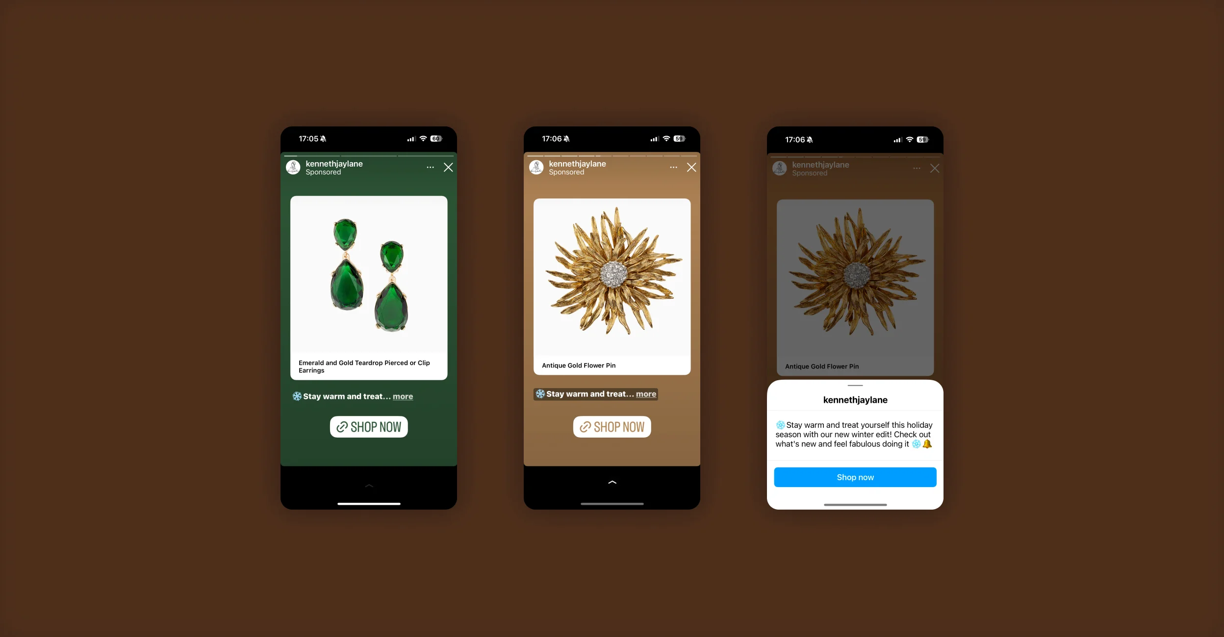 Kenneth Jay Lane sponsored Instagram Story ads for jewelry on three mobile screens.