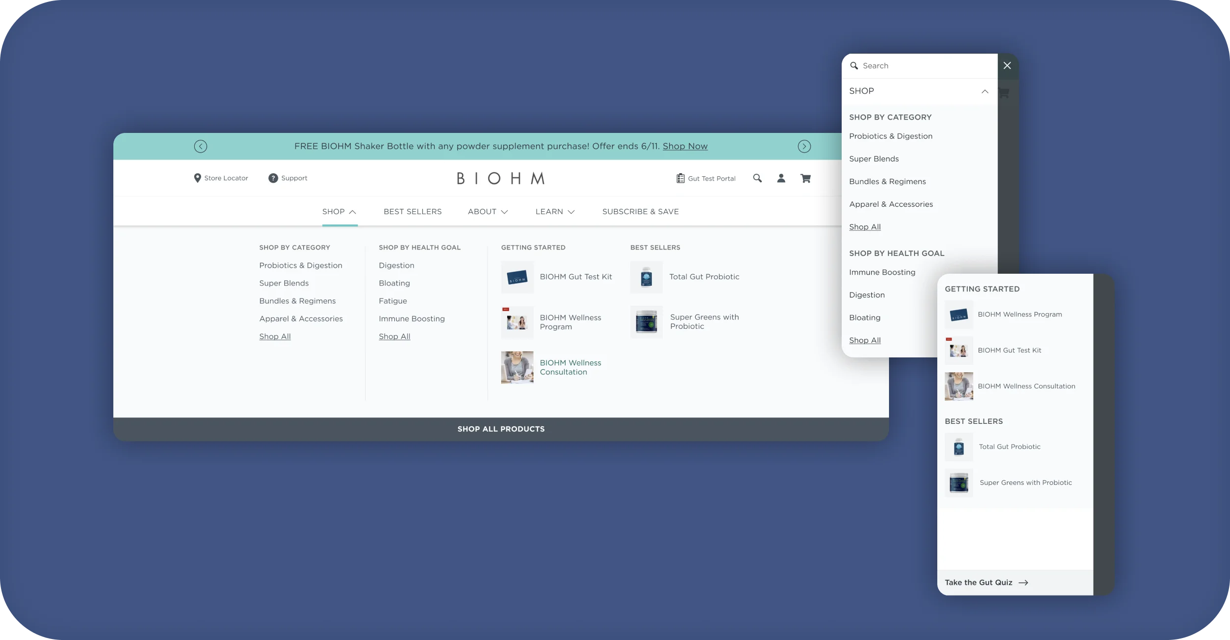 BIOHM shop mega menu on desktop and mobile with categories, health goals, and best sellers.