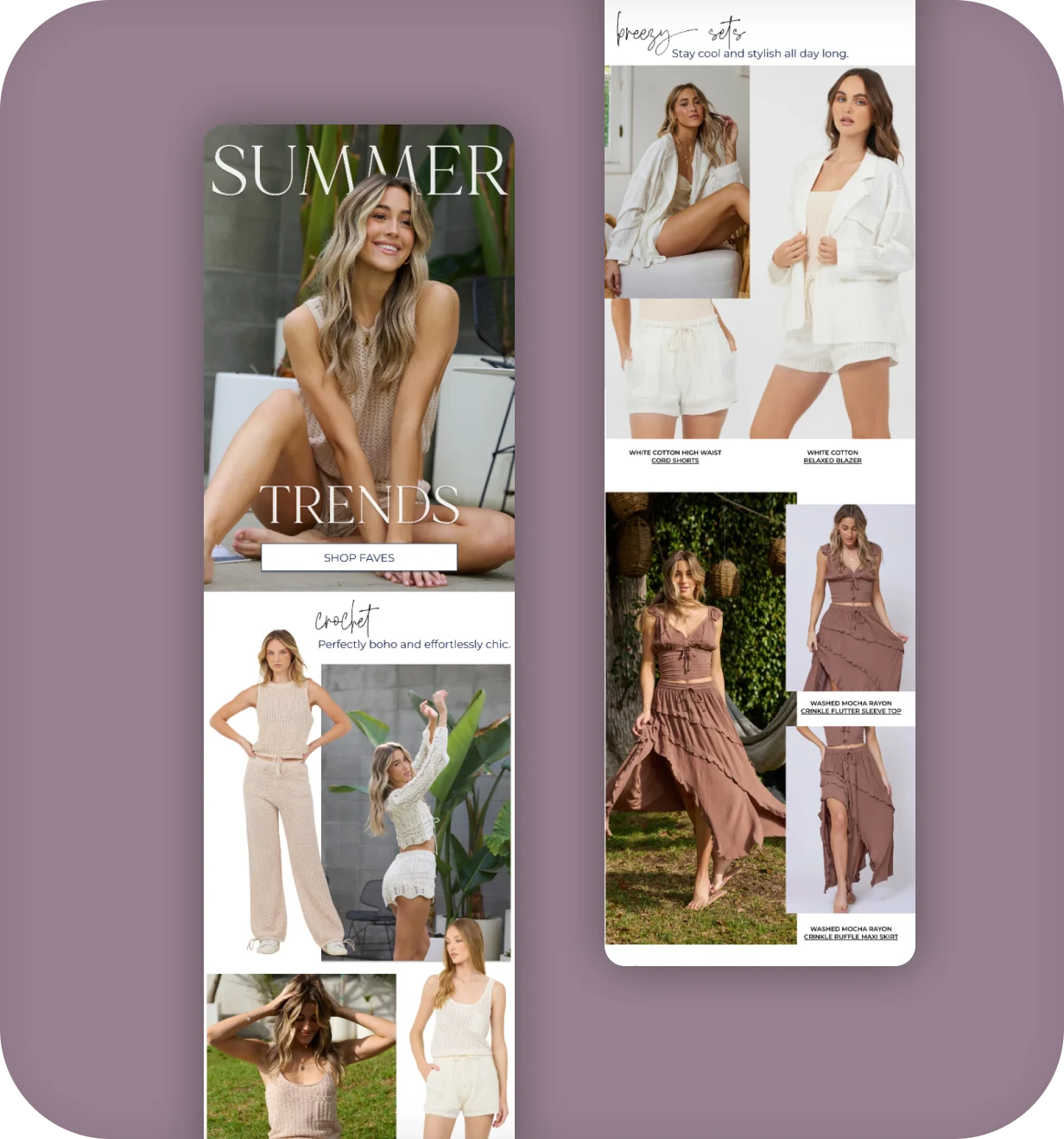 Vintage Havana summer trends email designs featuring crochet styles and breezy sets on mobile.