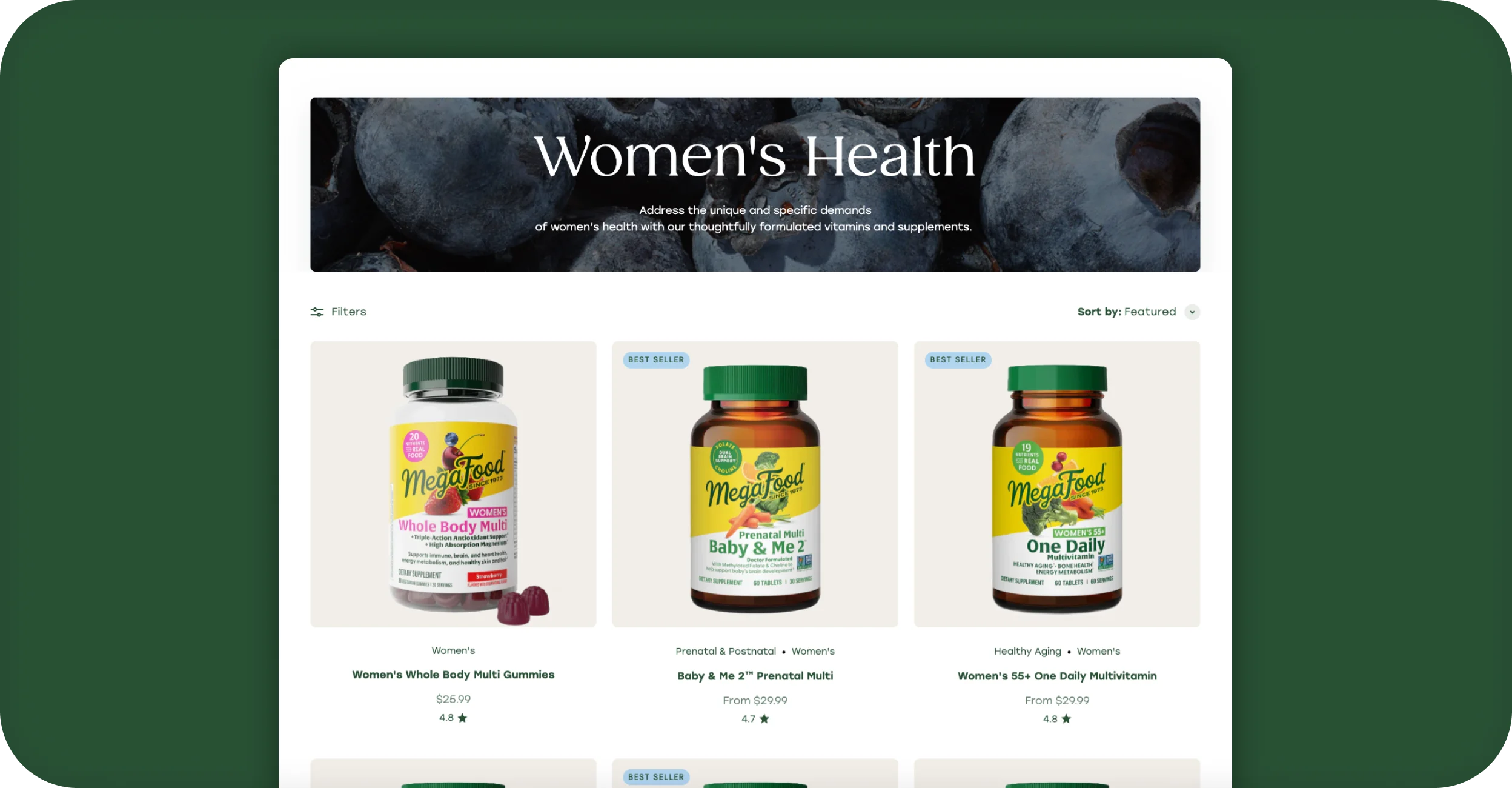 MegaFood Women's Health collection page on desktop showing vitamin and supplement products.