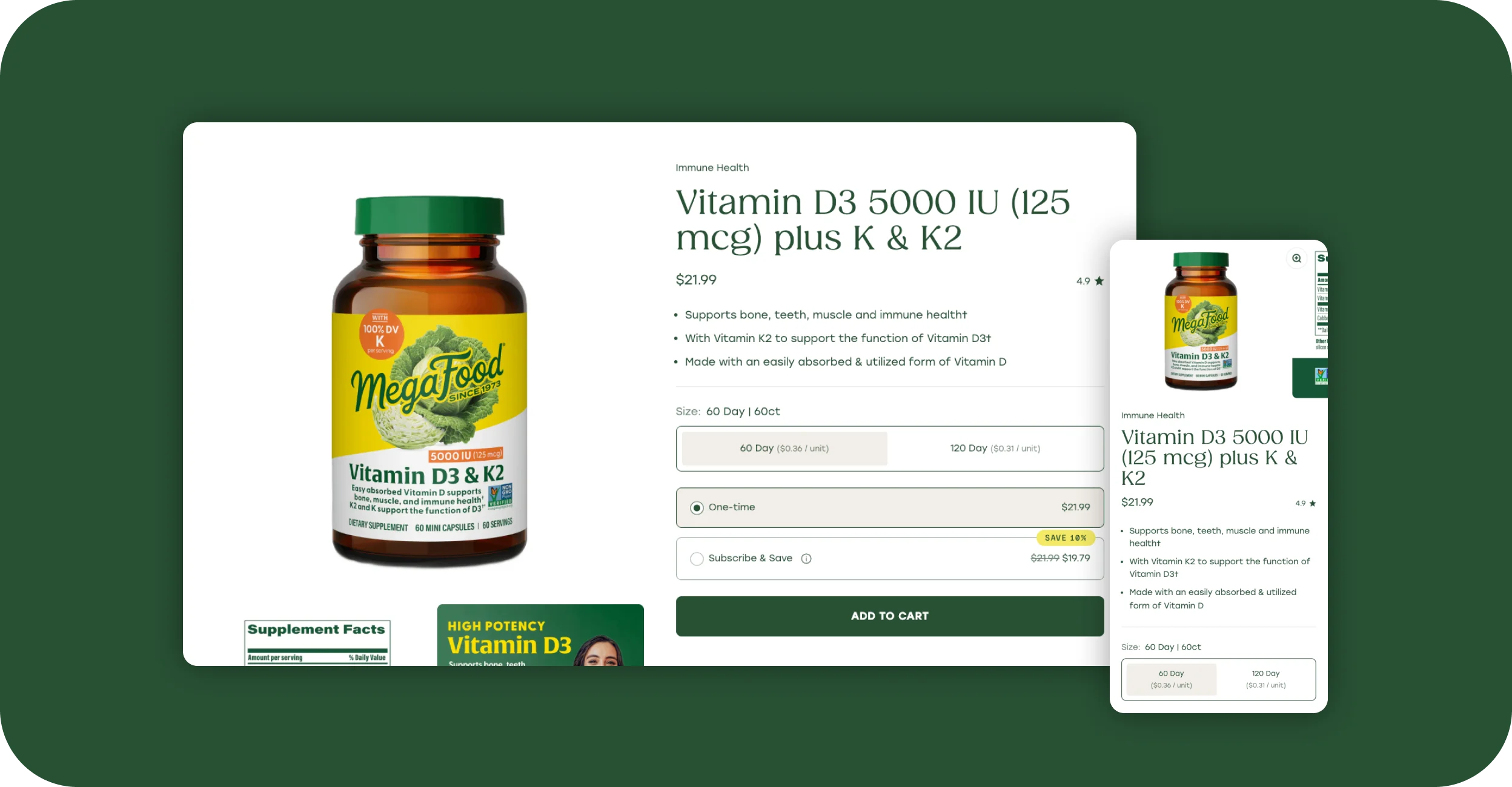 MegaFood product page for Vitamin D3 supplement with subscribe-and-save options on desktop and mobile.
