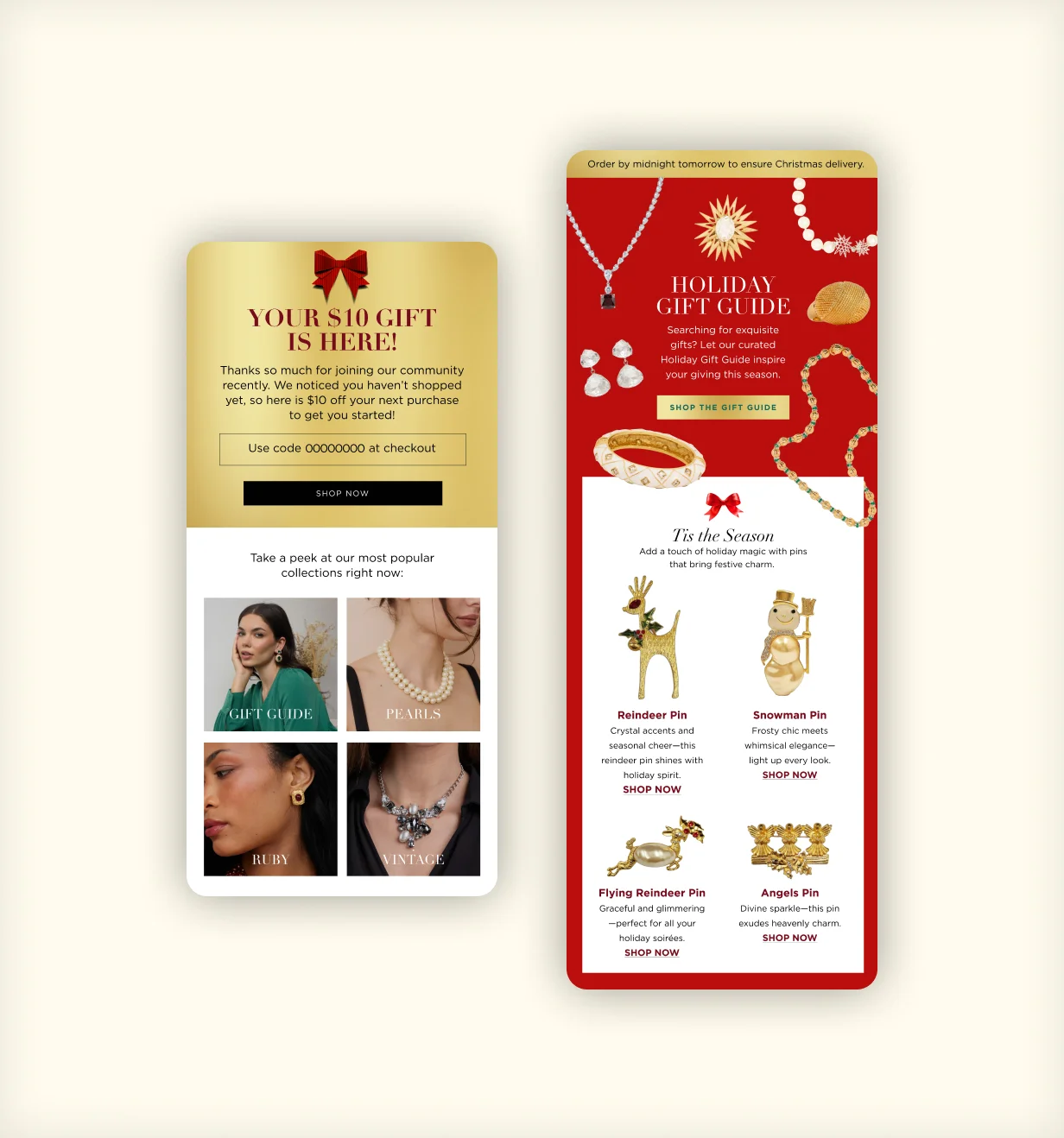 Kenneth Jay Lane mobile email designs for a $10 welcome offer and a holiday gift guide.