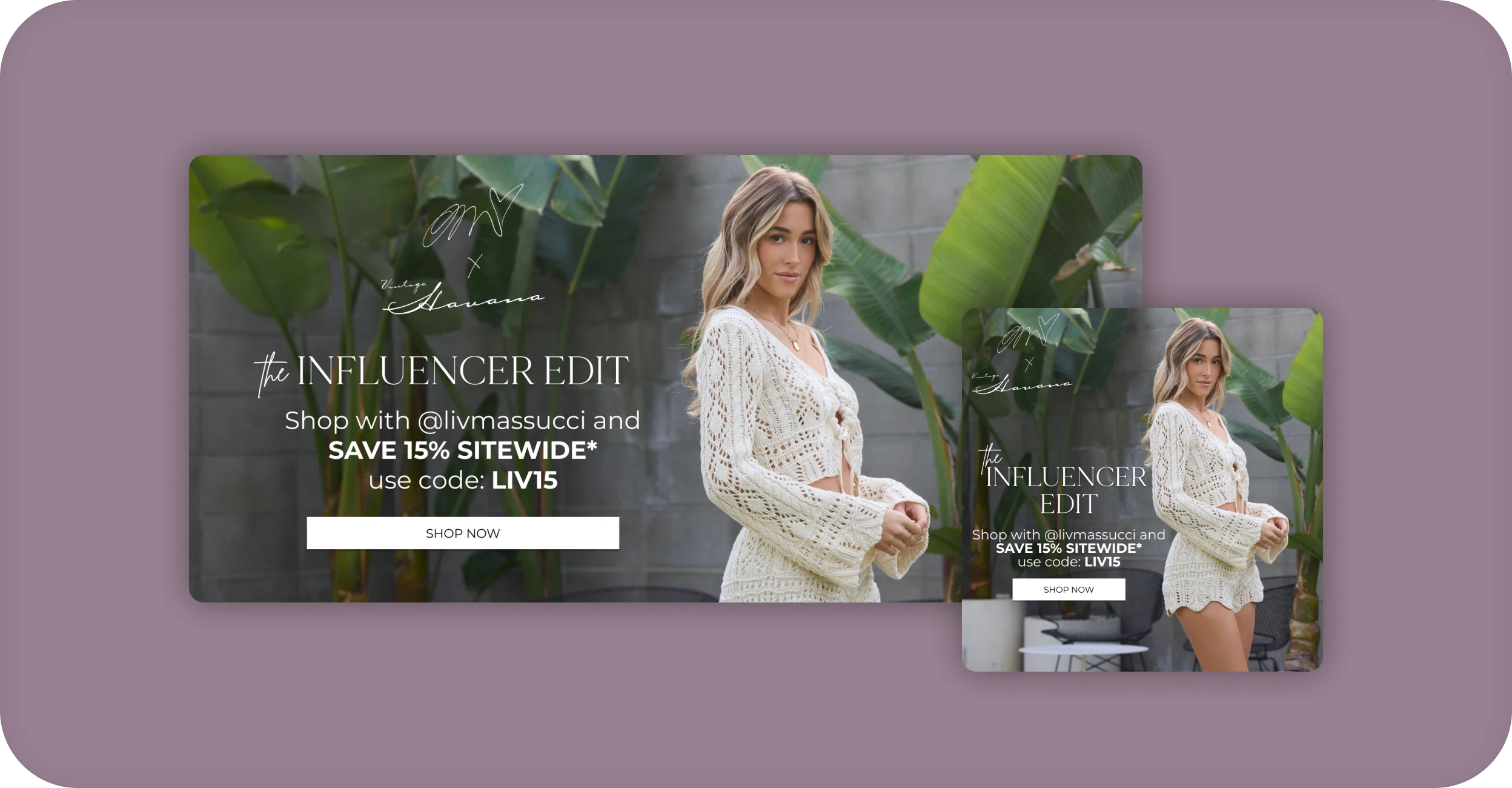 Vintage Havana Influencer Edit promotional banner with 15% off code on desktop and mobile.