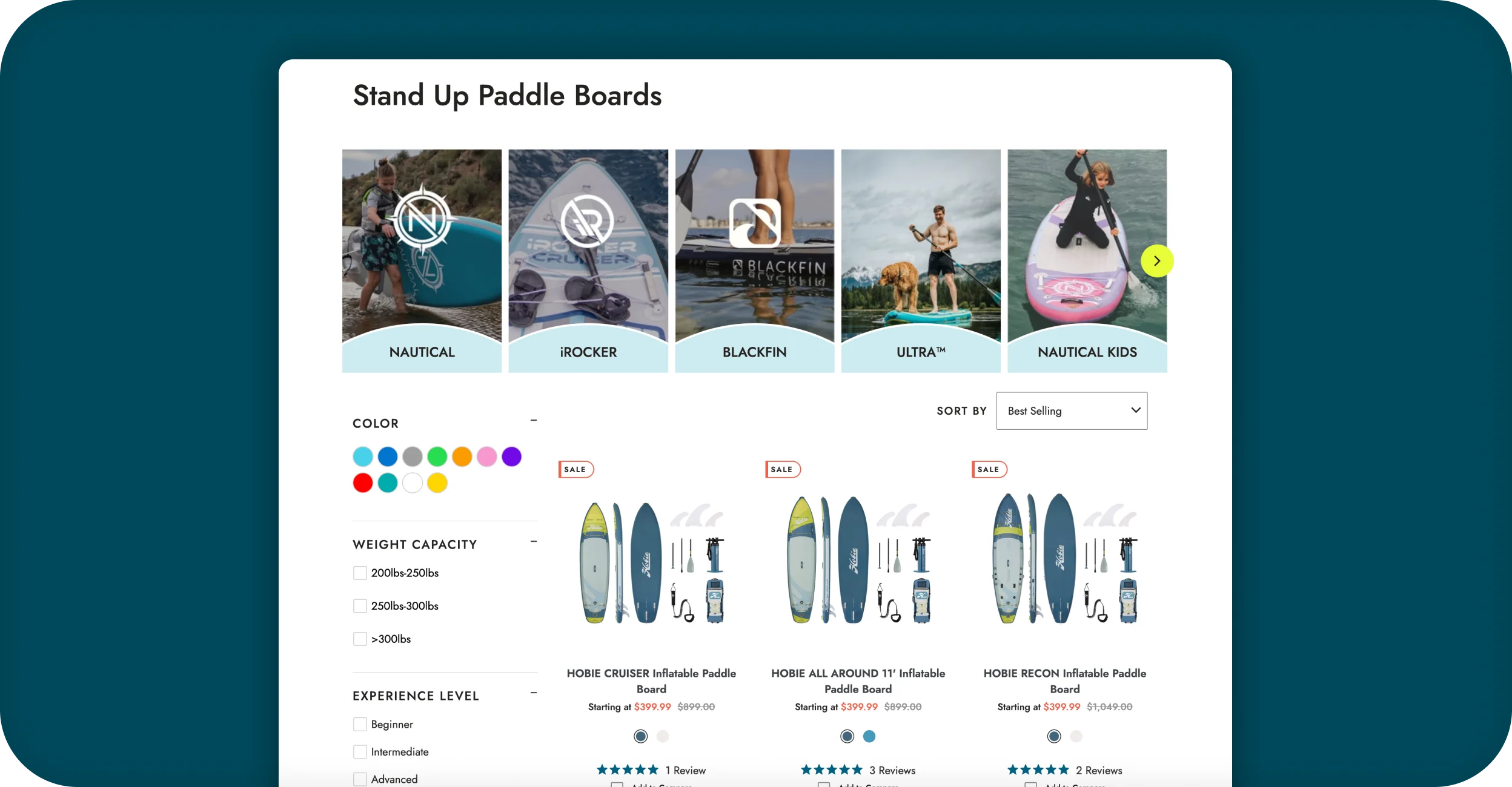 iROCKER Stand Up Paddle Boards collection page with brand tiles and filters on desktop.