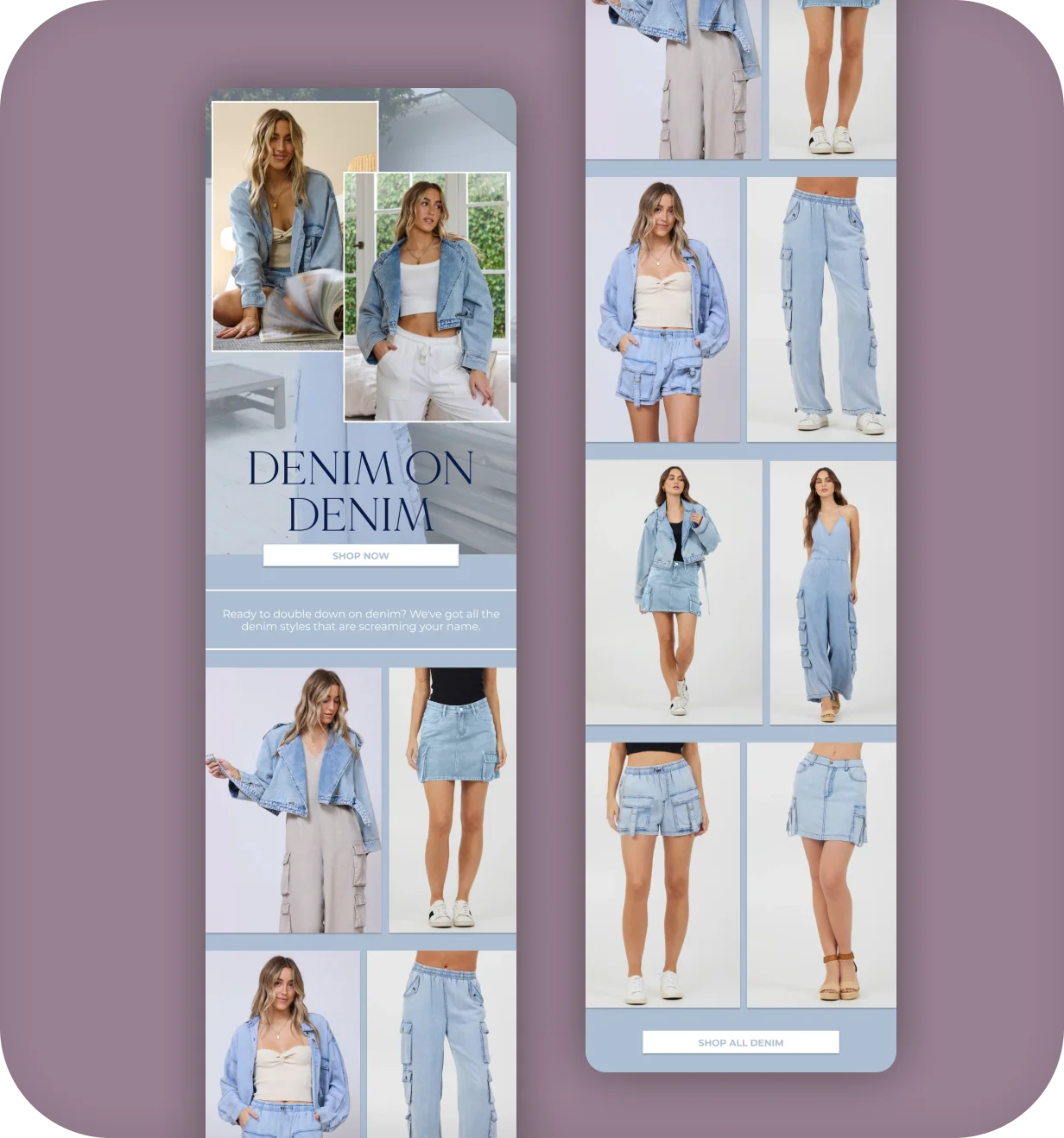 Vintage Havana denim-on-denim email campaign with product grid on two mobile screens.