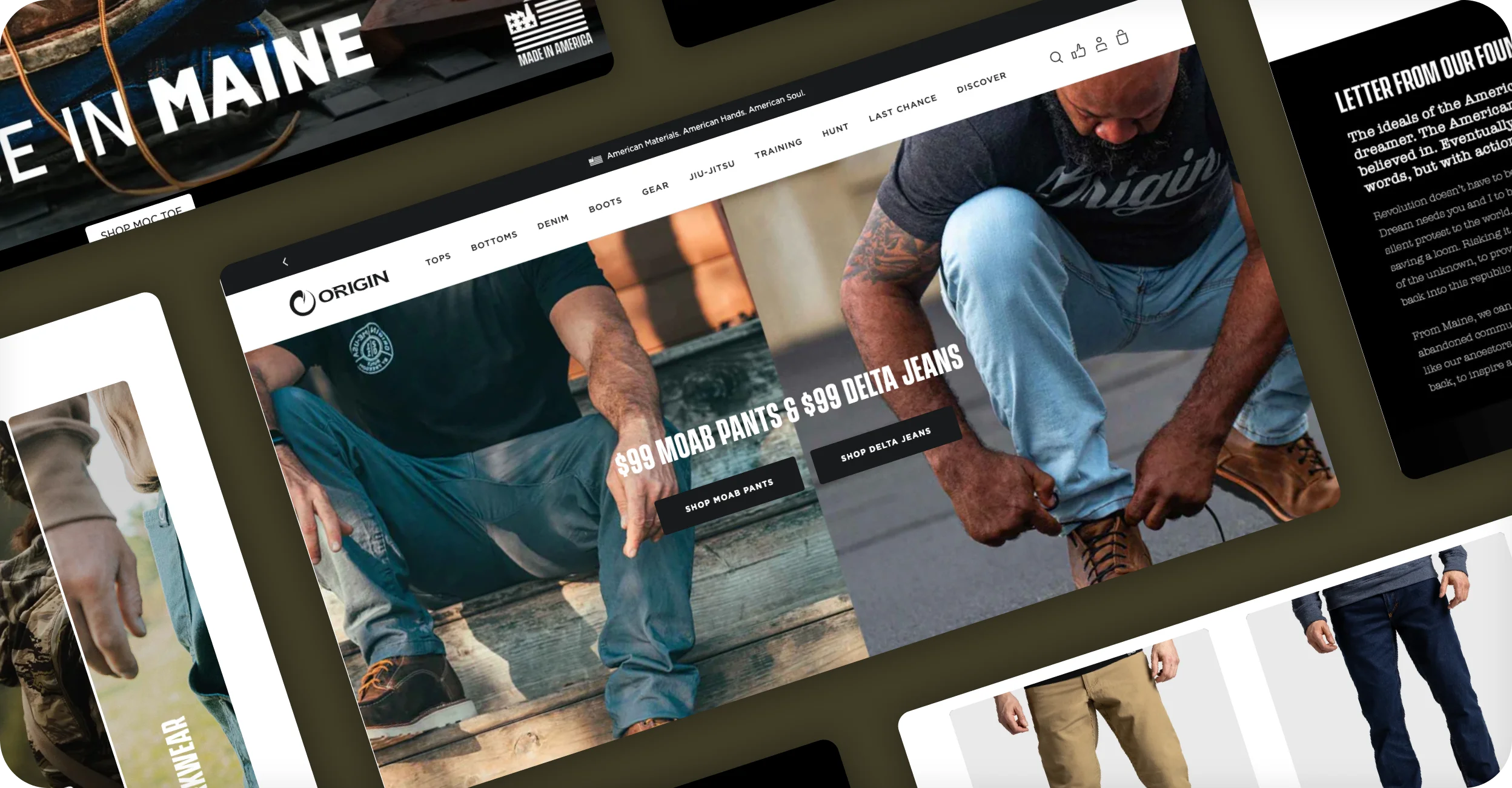 ORIGIN USA website collage with desktop homepage hero promoting MOAB pants and Delta jeans.