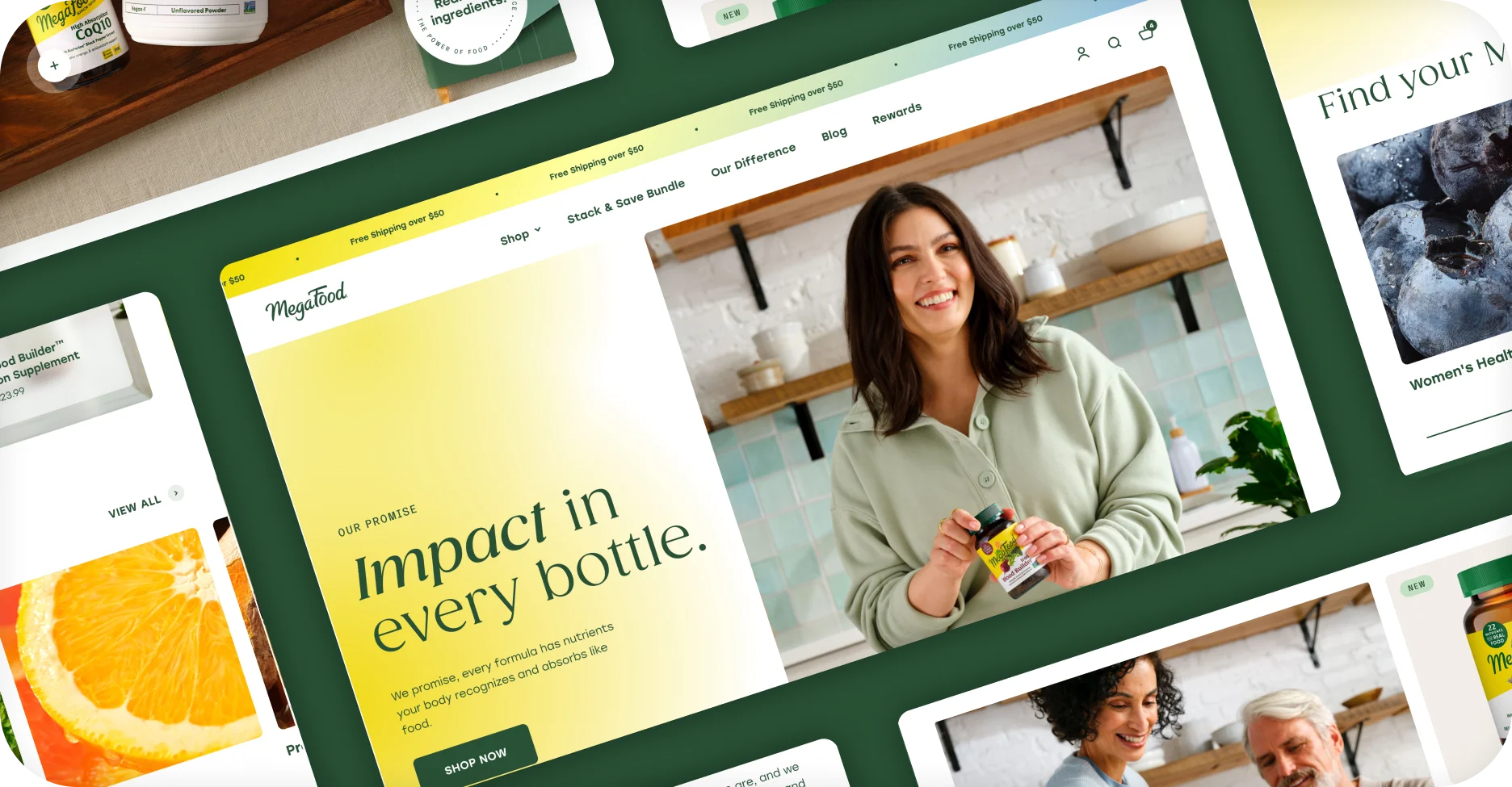 MegaFood desktop homepage collage with Impact in Every Bottle hero and supplement categories.