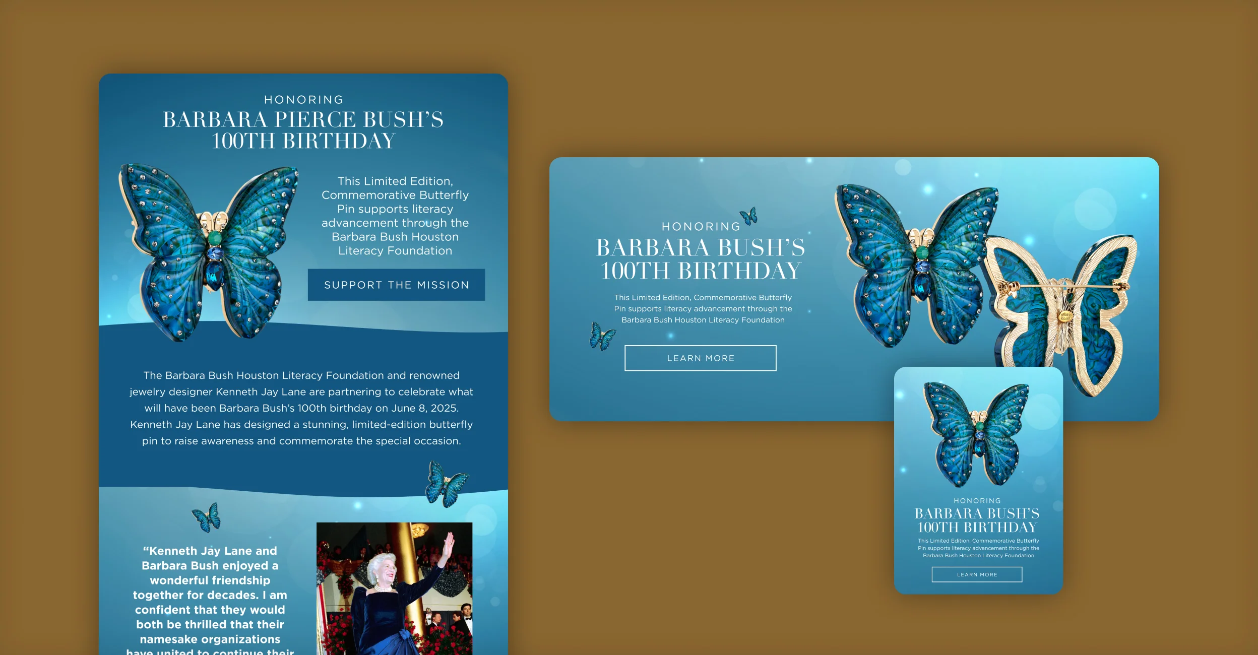 Kenneth Jay Lane landing page designs for the Barbara Bush 100th birthday butterfly pin campaign.