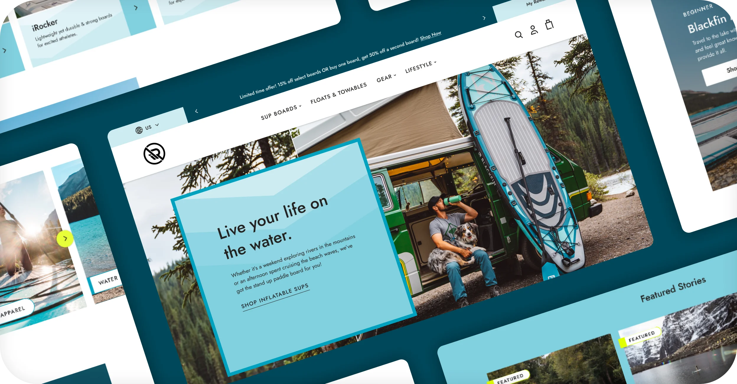 iROCKER desktop homepage collage with paddle board lifestyle hero and featured stories.