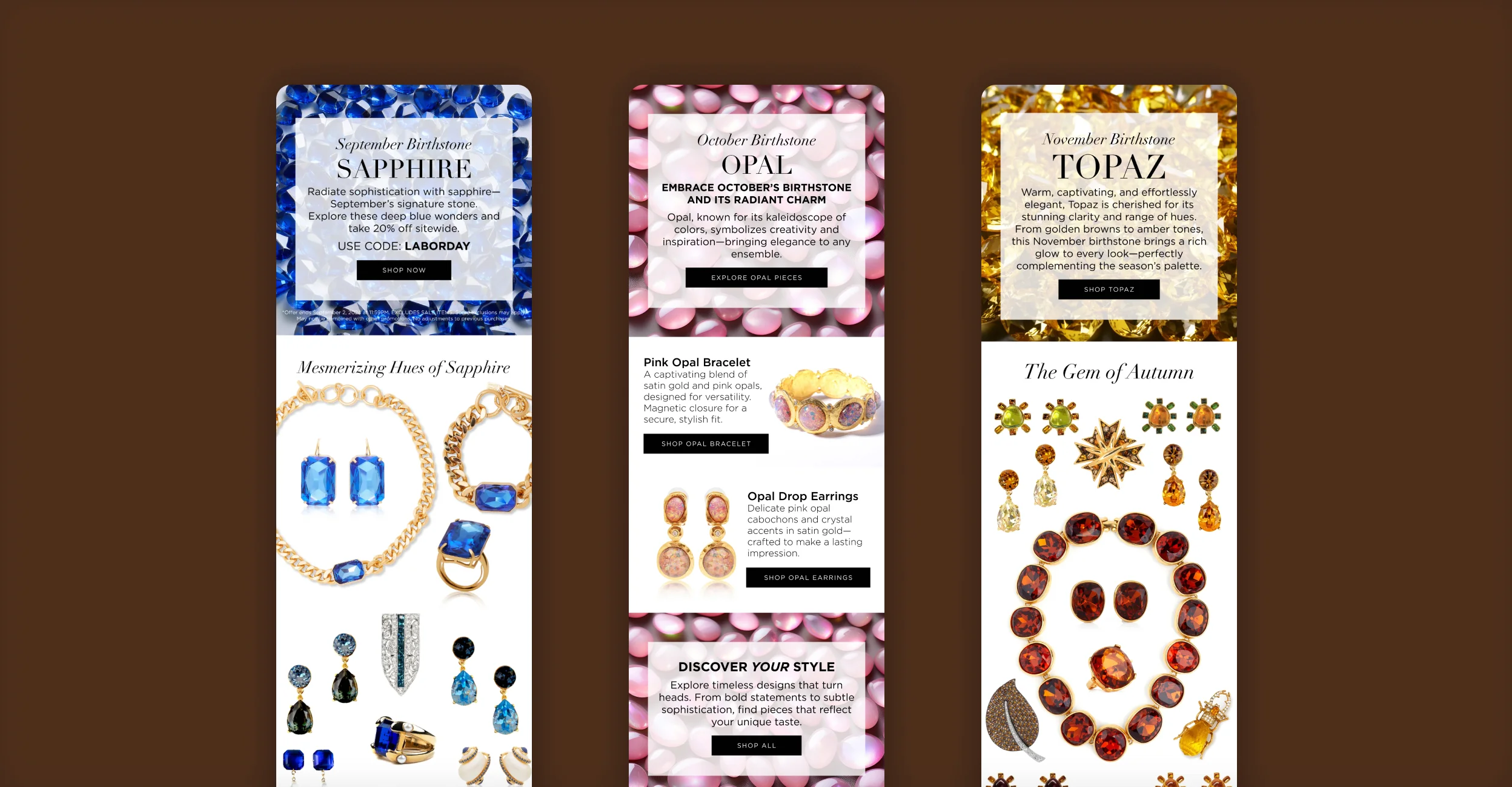 Kenneth Jay Lane birthstone email designs for sapphire, opal, and topaz jewelry.