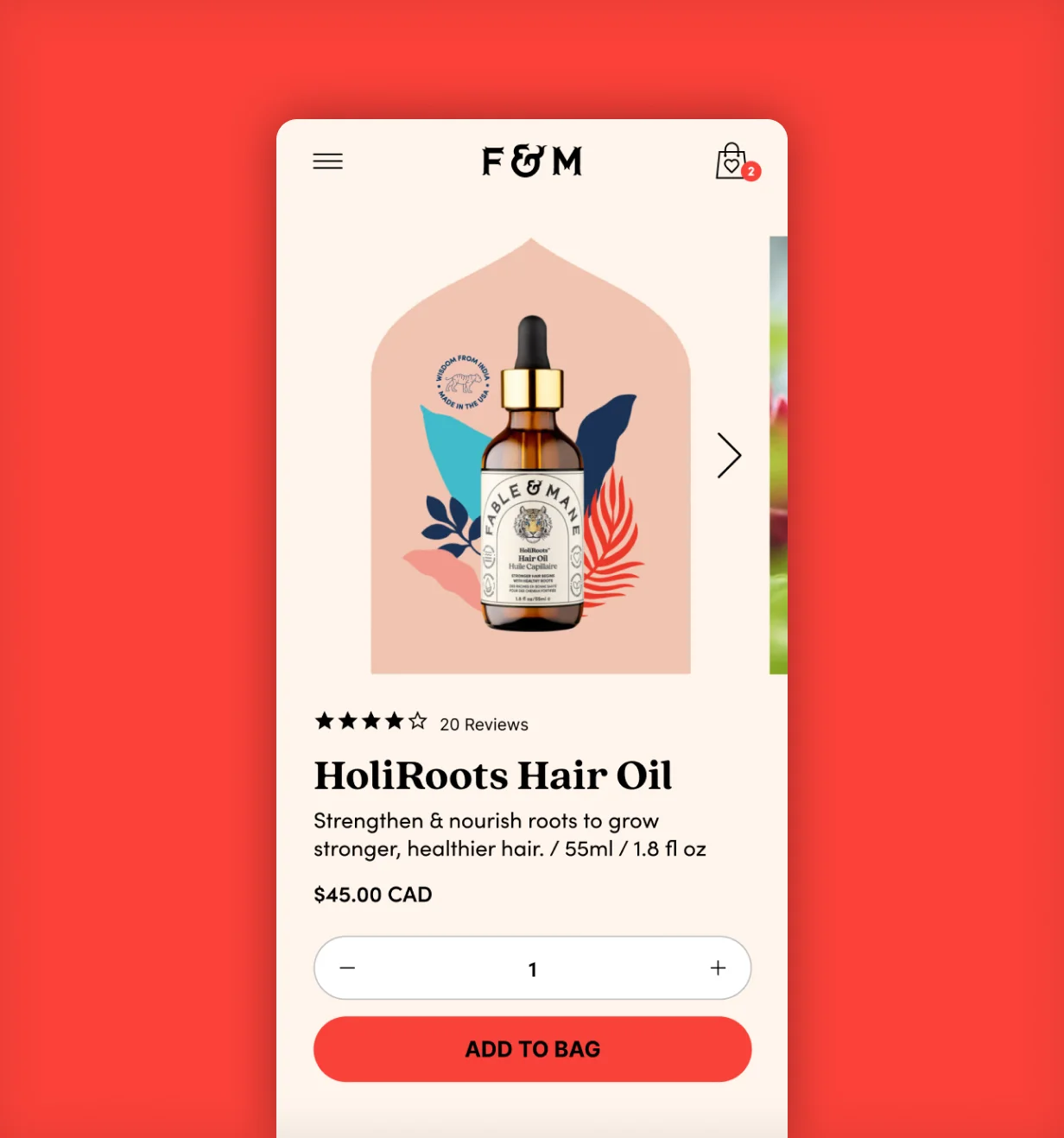 Fable & Mane mobile product page for HoliRoots Hair Oil with add-to-bag button.