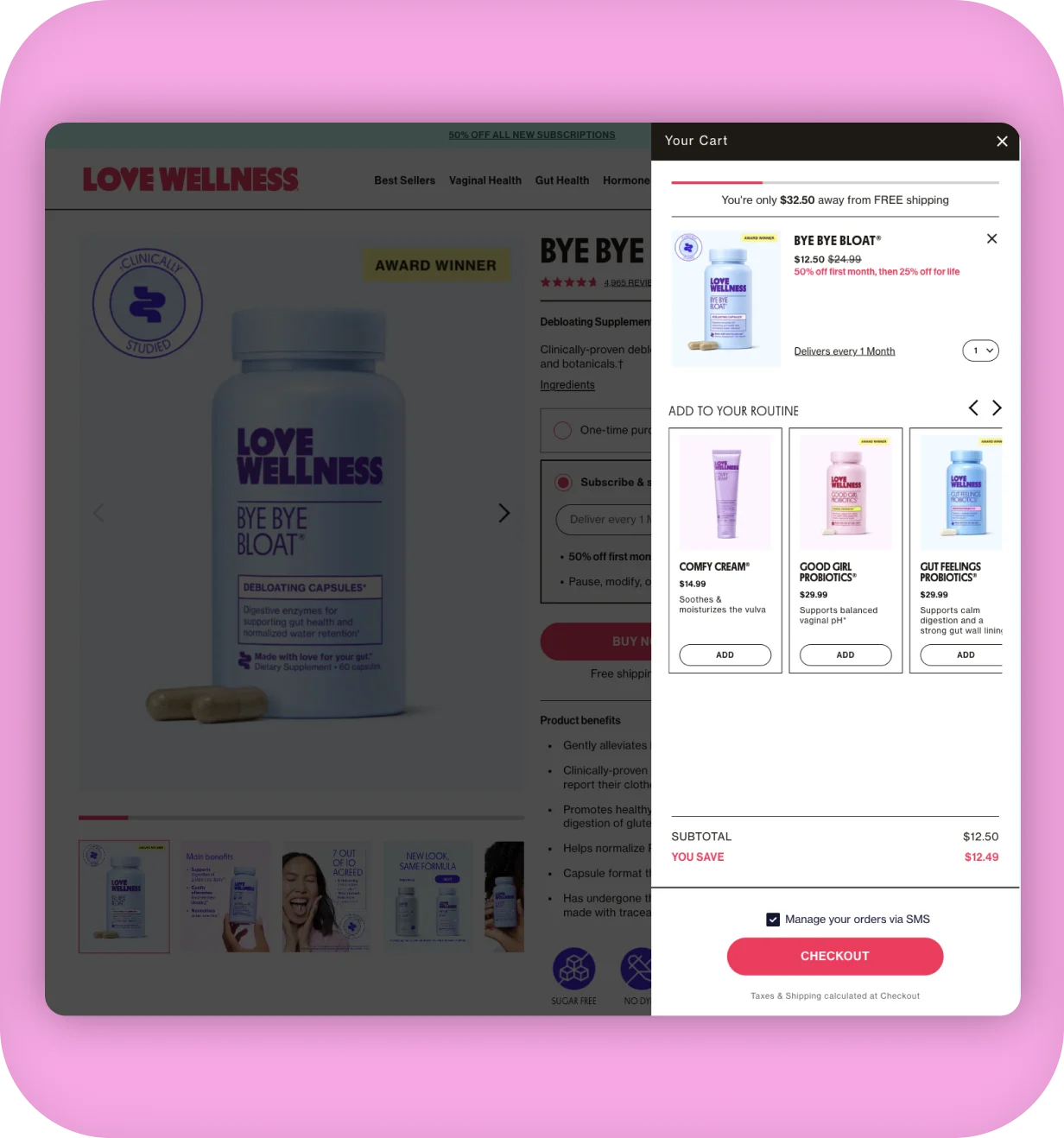 Love Wellness desktop product page for Bye Bye Bloat with slide-out cart and upsell recommendations.