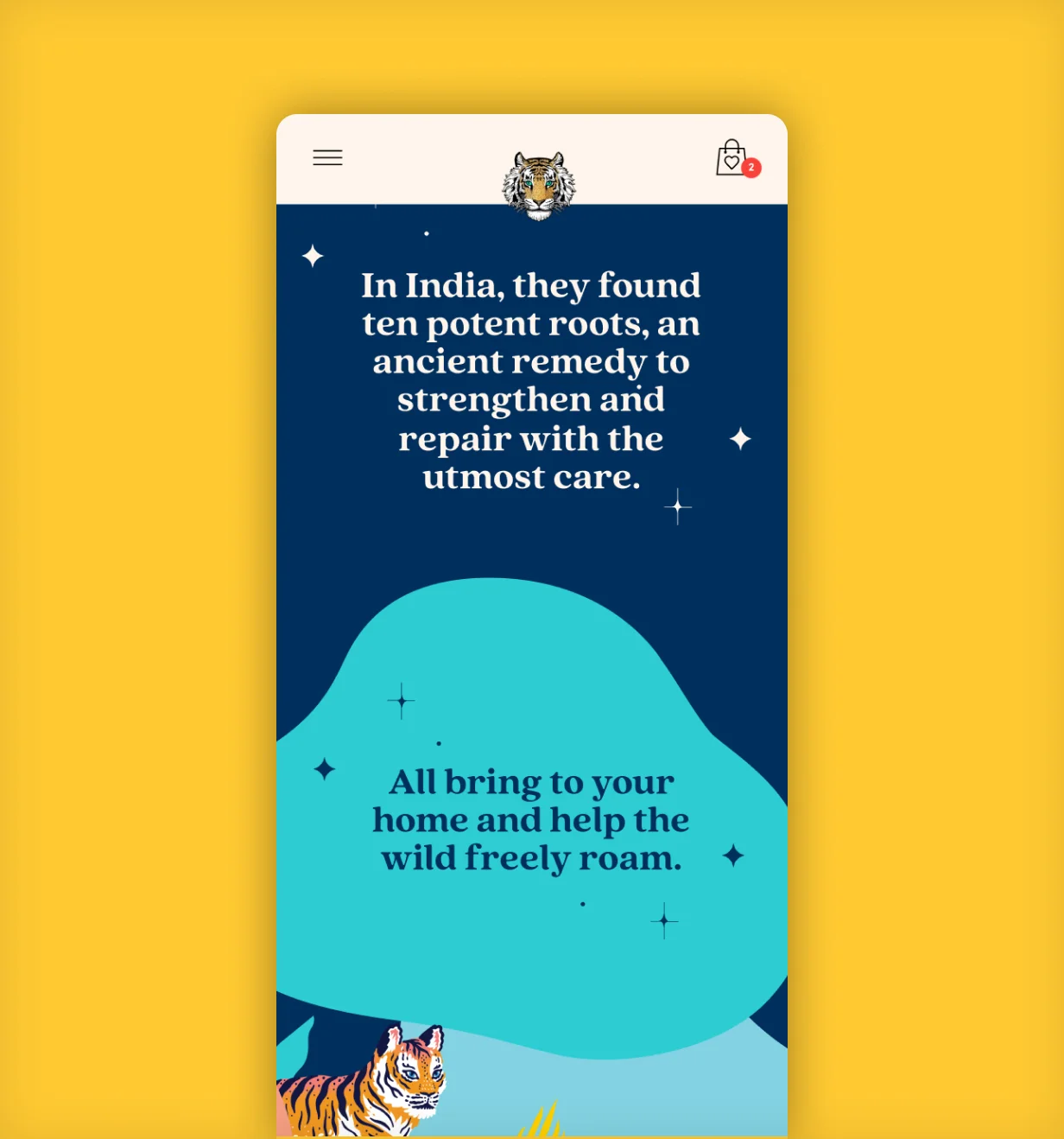 Fable & Mane brand story page on mobile with tiger illustrations and ancient roots messaging.
