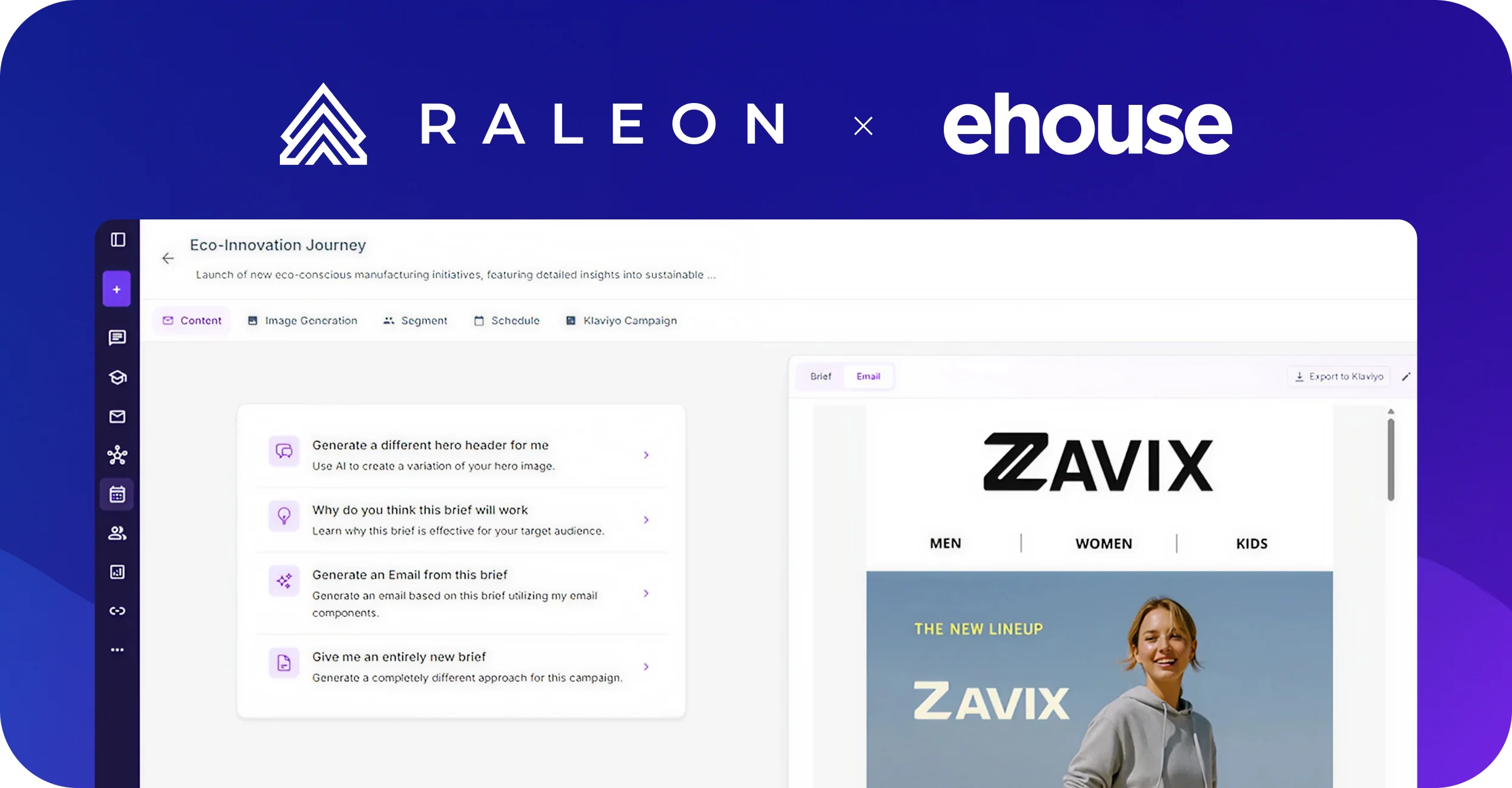 Raleon and ehouse AI email marketing dashboard generating a Klaviyo campaign brief and email design.