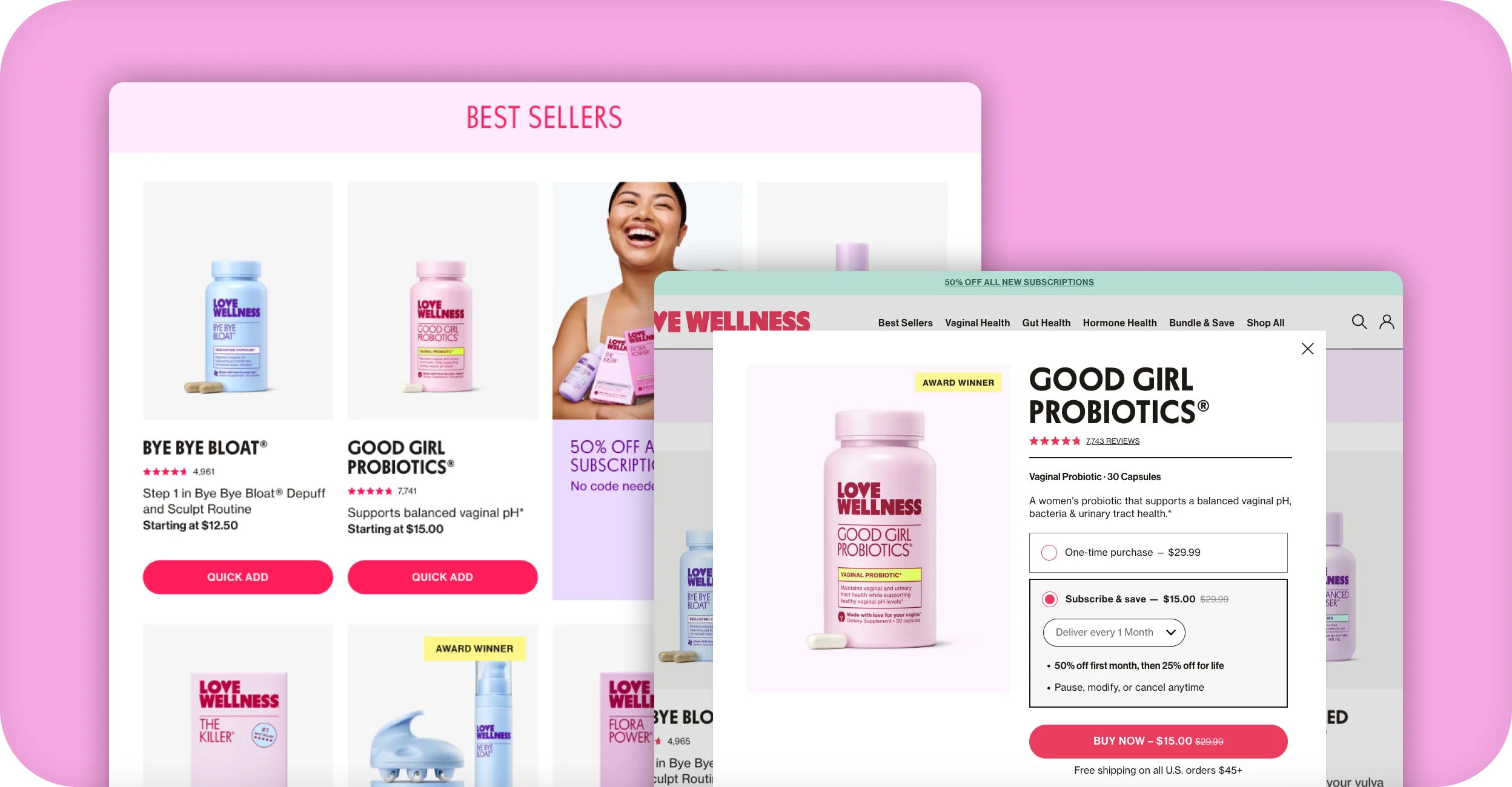 Love Wellness best sellers grid and Good Girl Probiotics quick-view with subscribe options on desktop.