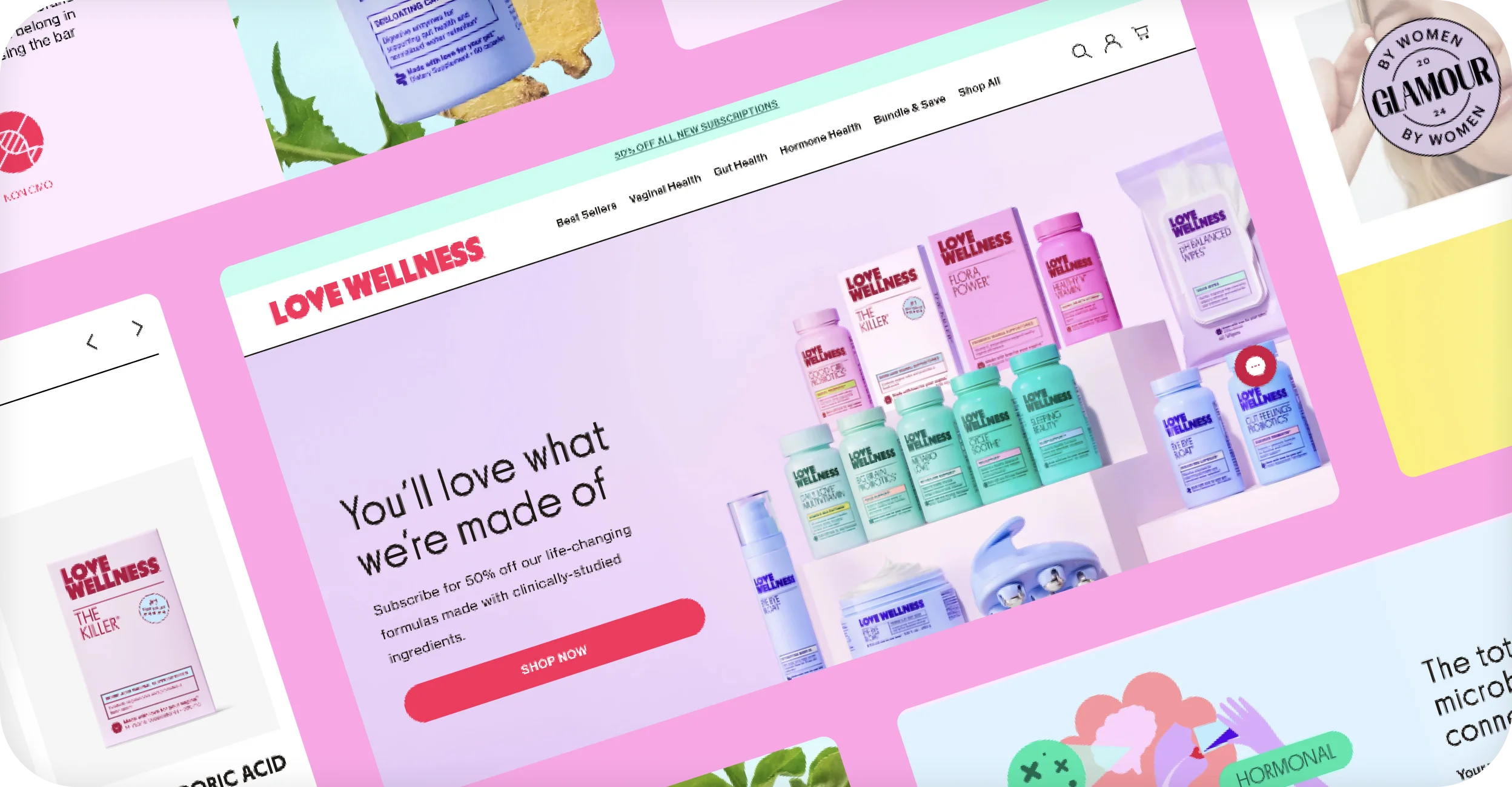 Love Wellness homepage on desktop with a supplement product lineup and subscription promotion.