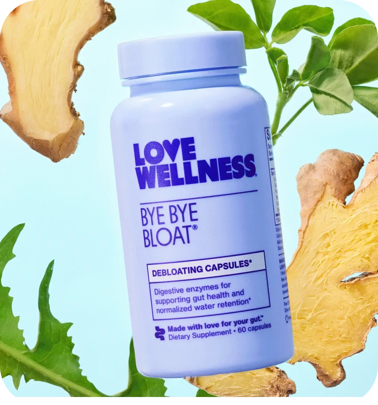 Love Wellness Bye Bye Bloat supplement bottle surrounded by ginger slices and leafy greens.