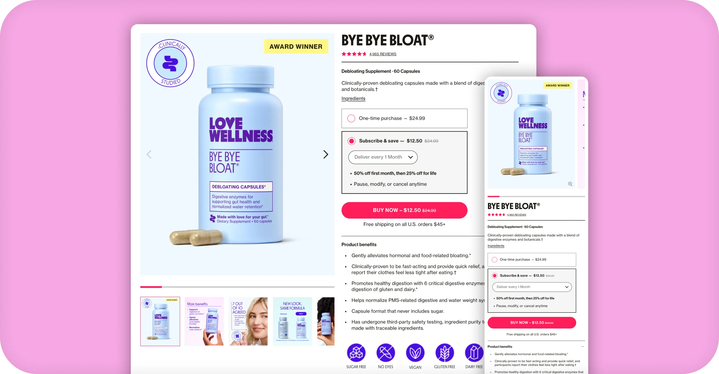 Love Wellness product page for Bye Bye Bloat with subscribe-and-save options on desktop and mobile.