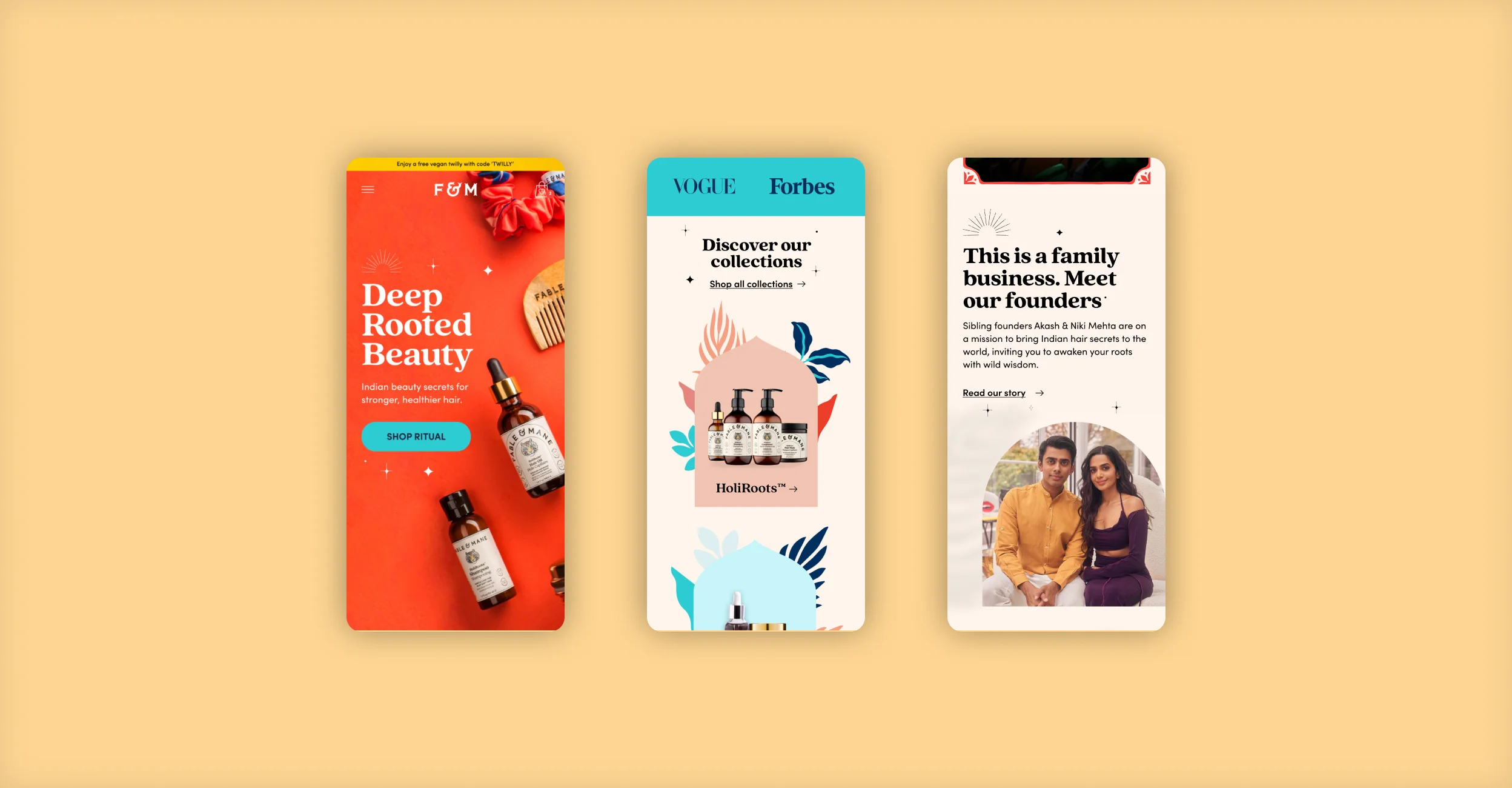 Fable & Mane mobile homepage screens with hero, collections, and founder story sections.