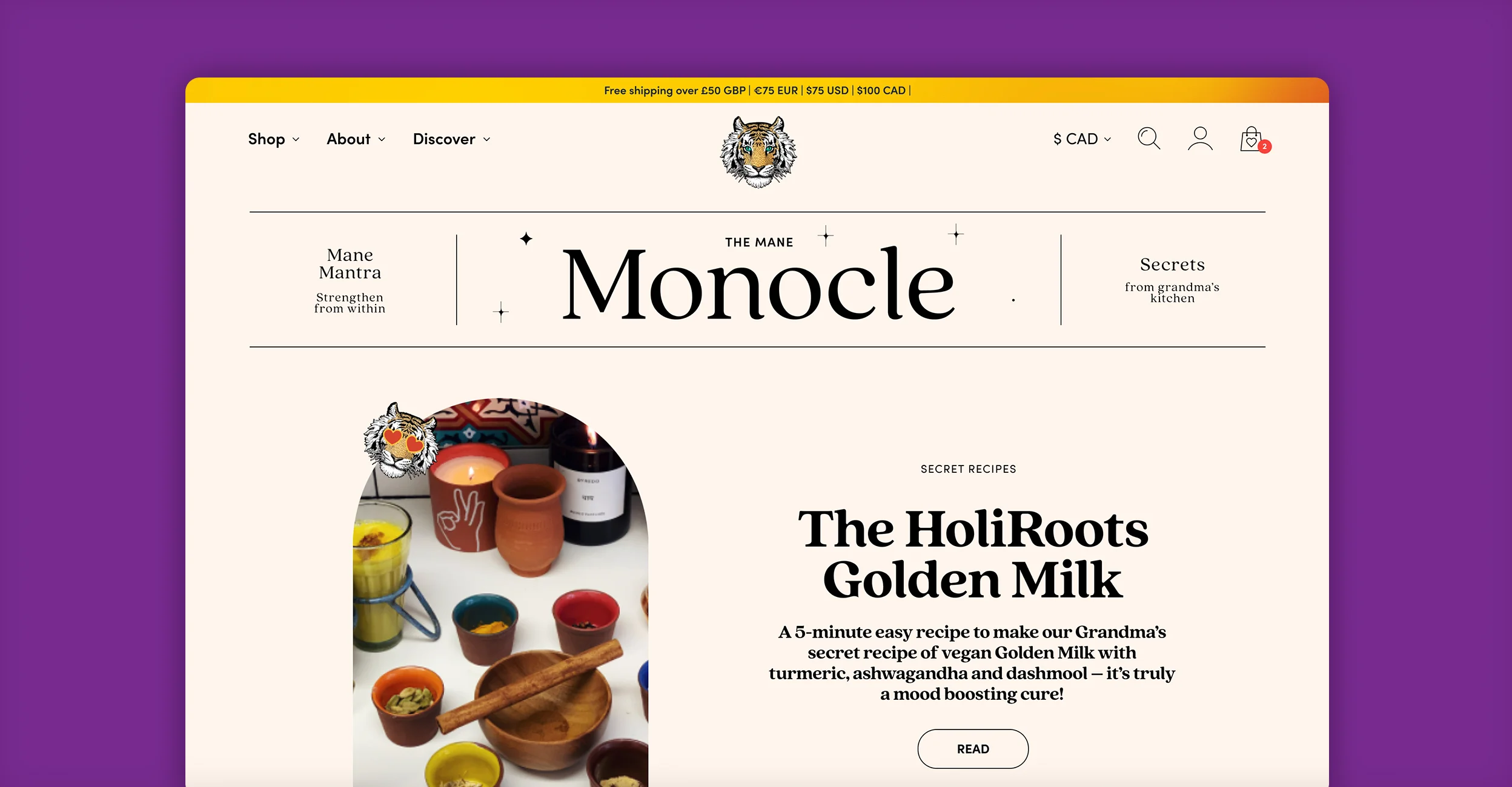 Fable & Mane desktop blog page The Mane Monocle featuring a HoliRoots Golden Milk recipe article.