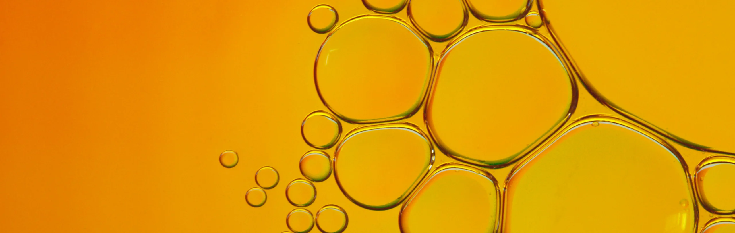 Close-up of golden oil bubbles on a vibrant orange background.