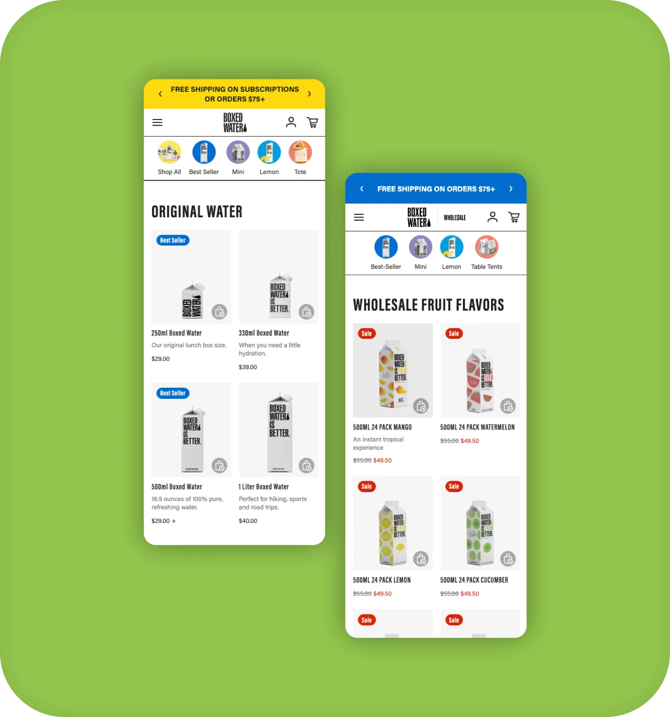 Boxed Water mobile collection pages for original water and wholesale fruit flavors.