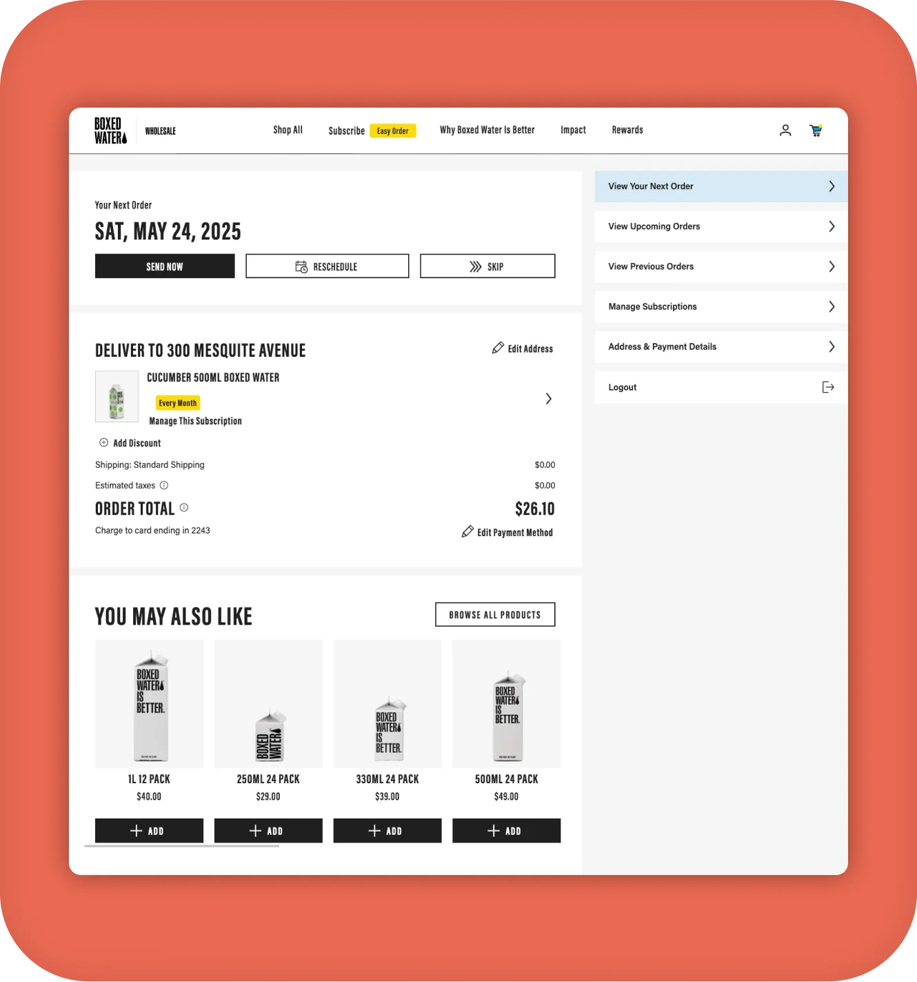 Boxed Water subscription management page with next order details and recommended products on desktop.