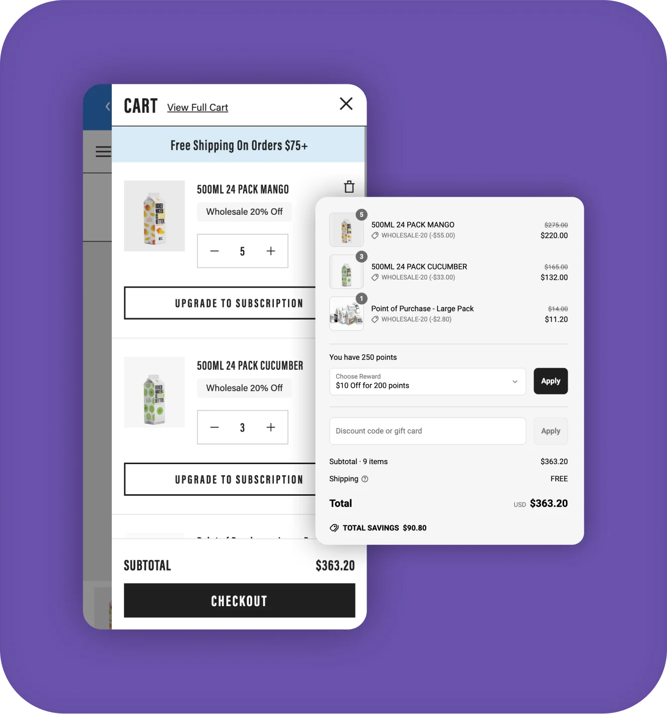 Boxed Water mobile cart drawer with wholesale discounts and rewards point redemption.