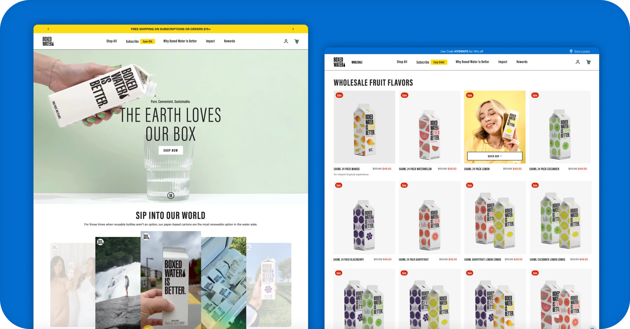 Boxed Water desktop homepage and wholesale collection page of flavored water cartons.
