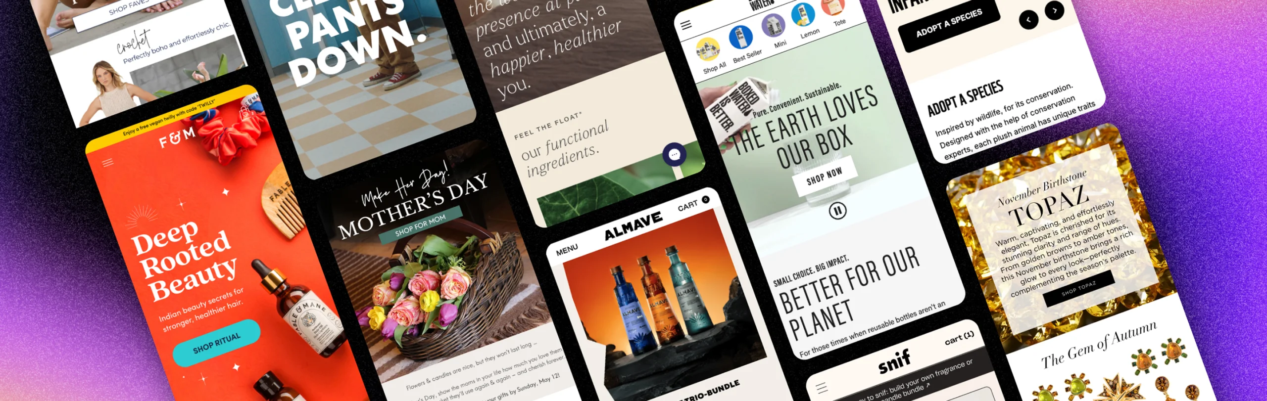 Collage of branded ecommerce marketing emails on mobile screens over a purple background.