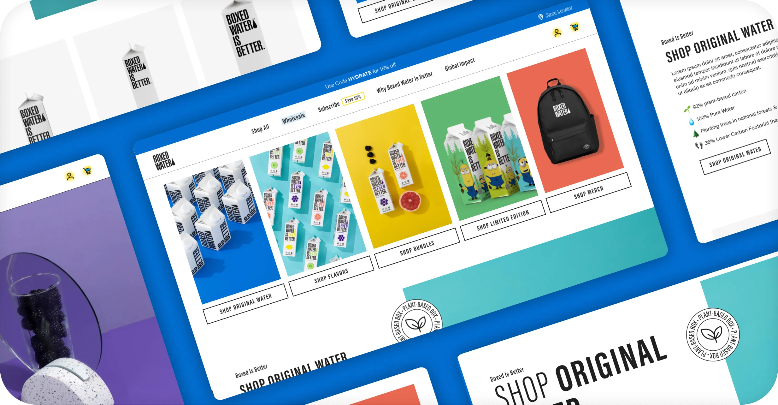 Boxed Water desktop homepage collage with shop tiles for original water, flavors, bundles, and merch.