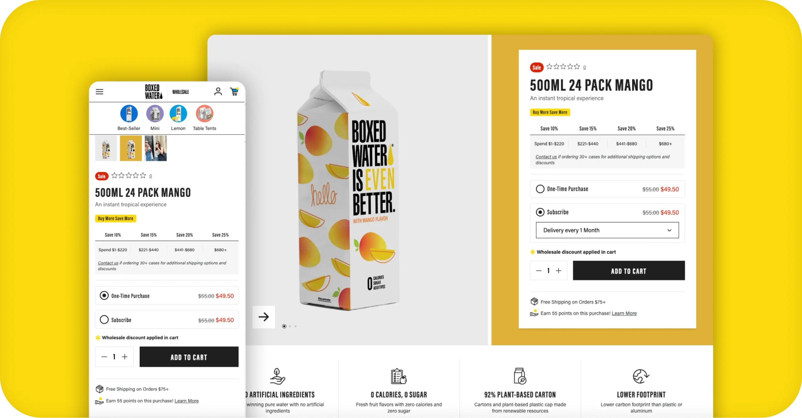 Boxed Water product detail page for a mango 24-pack on desktop and mobile with subscription options.