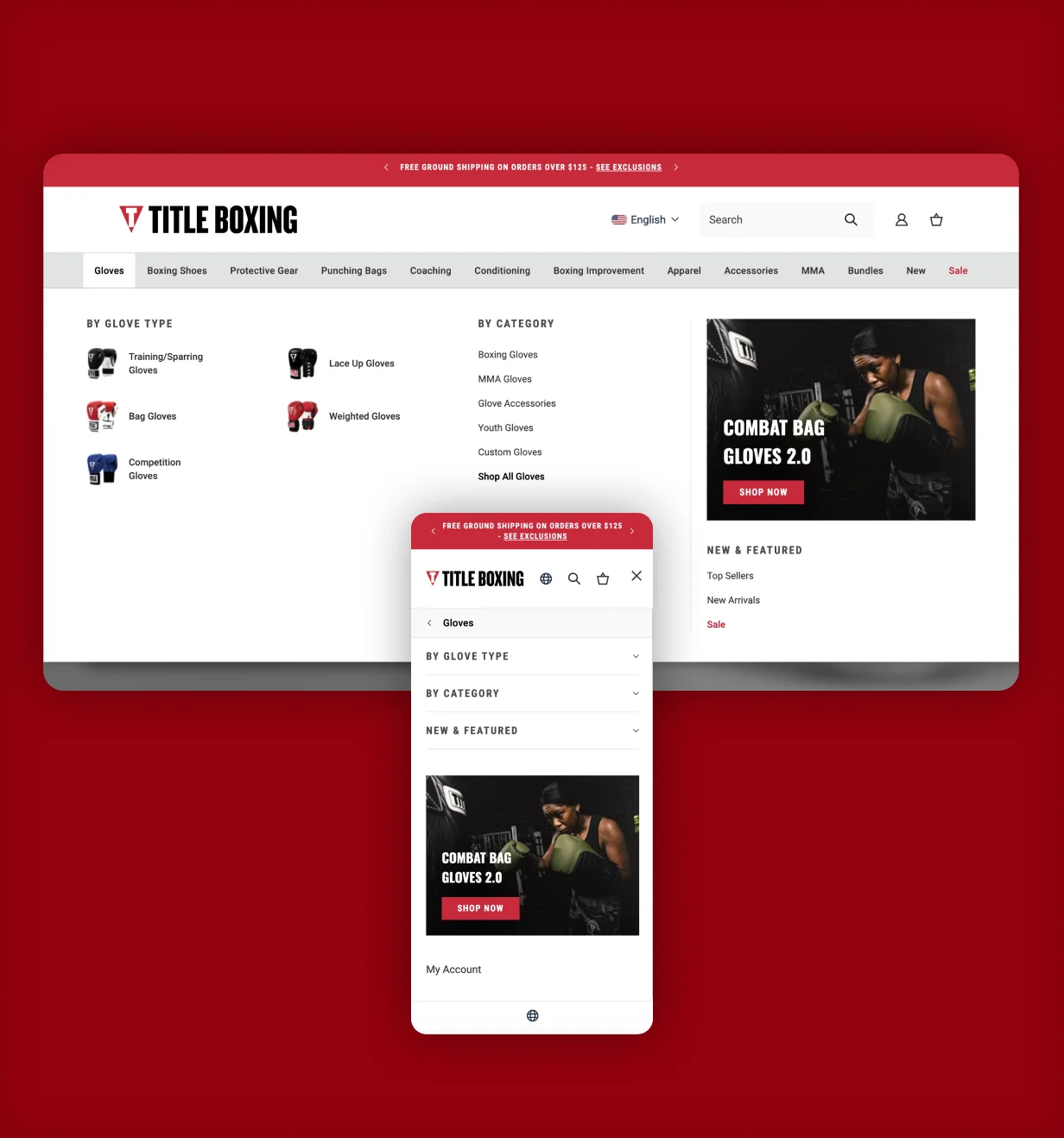 TITLE Boxing gloves navigation mega menu on desktop and mobile.