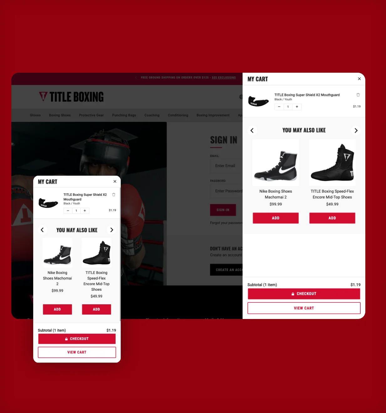 TITLE Boxing cart drawer with product upsell recommendations on desktop and mobile.