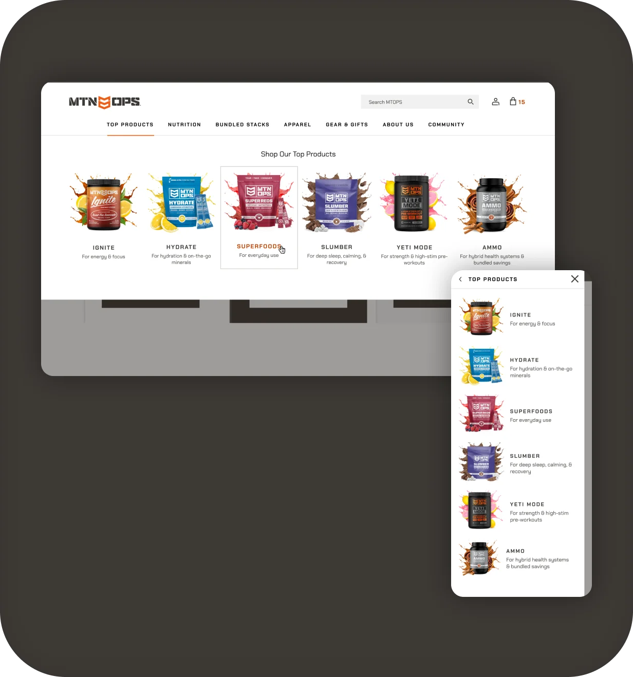 MTN OPS top products mega menu on desktop and mobile showing supplement categories.