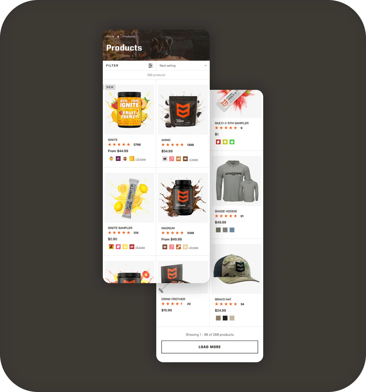 MTN OPS mobile collection page listing supplements and apparel with filters and ratings.